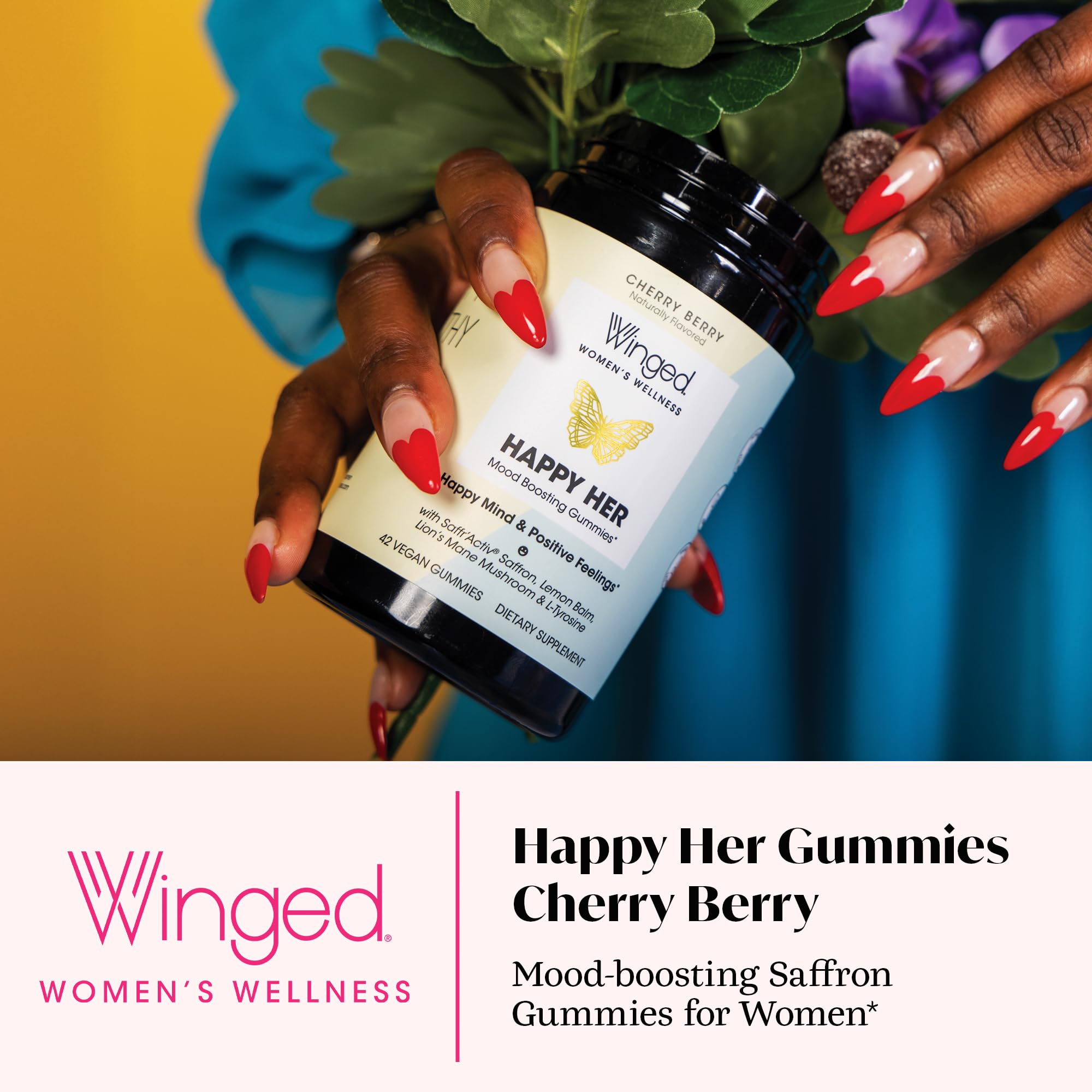 Winged Wellness Happy Her Mood Gummies - Daily Mood Enhancer Support Supplement for Women - Vitamin D with Saffron, Lemon Balm, & Lions Mane Mushrooms for Balance & Calming Relief - 50 Vegan Gummies - Maple Wellness Supplements