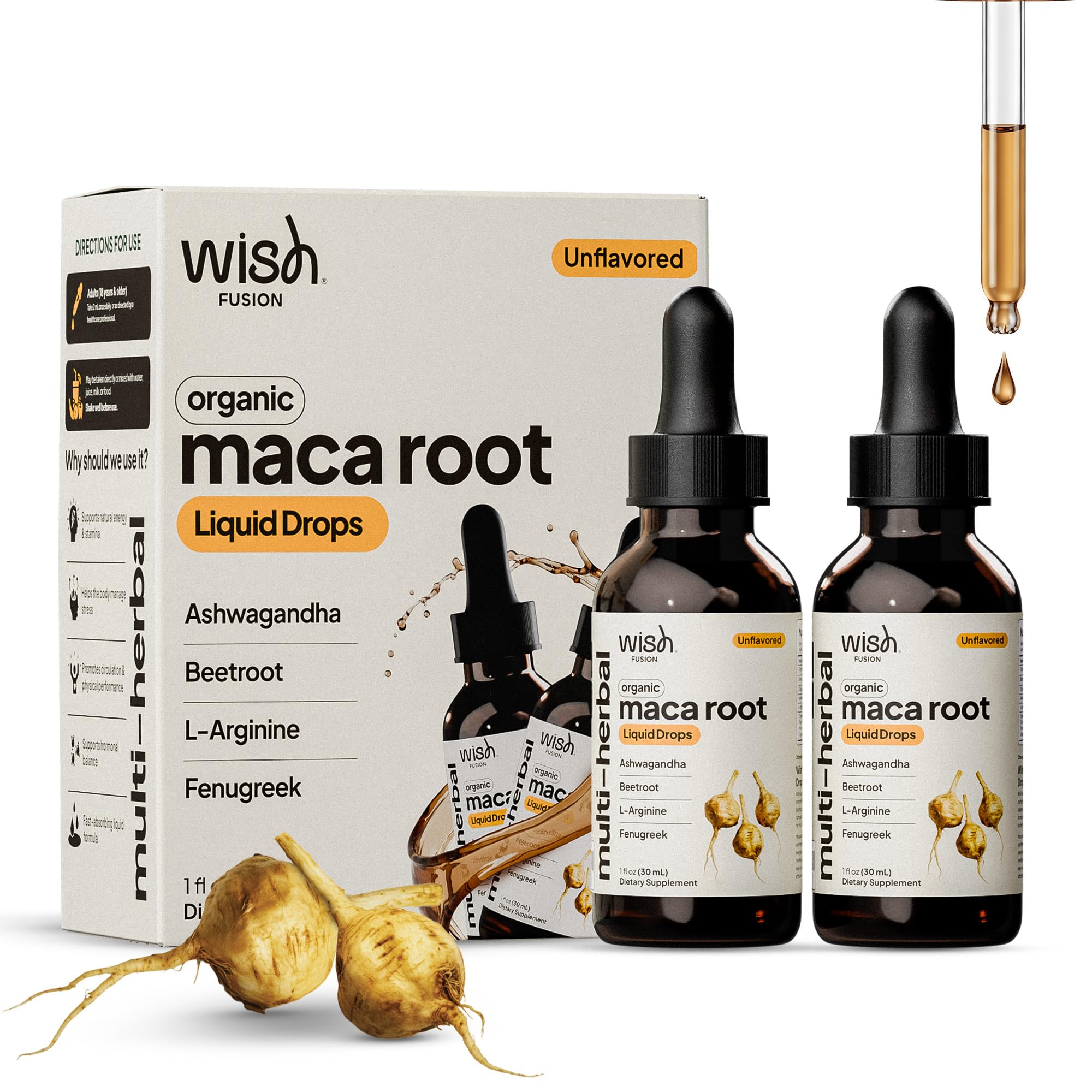 Wish Fusion Maca Root Liquid Drops 2 Pack Organic Maca Root Drops for Energy Support Hormone Balance, Mood Maca Root, Ashwagandha & Tongkat Ali Blend, Liquid Maca Root Extract Fenugreek & Beetroot - TrustMedUSA
