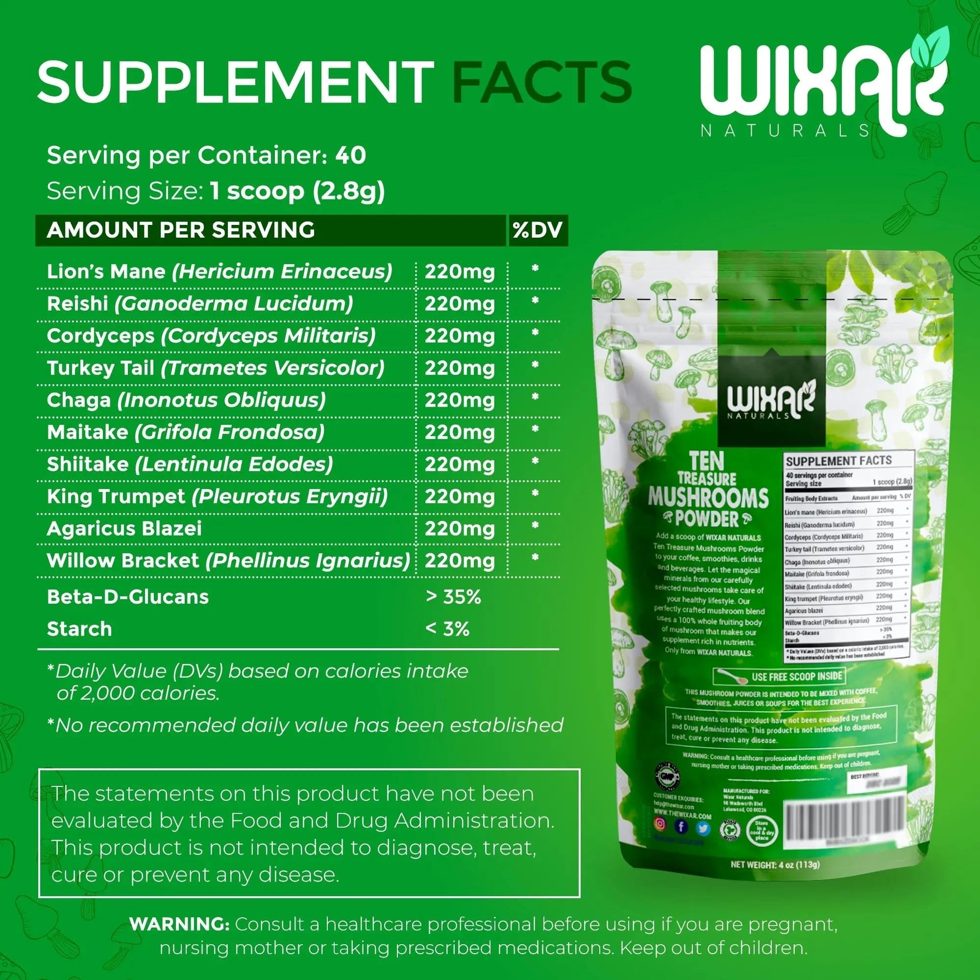 Wixar Mushroom Powder - Ten Treasure Mushrooms Extract Supplement Blend for Coffee - TrustMedUSA