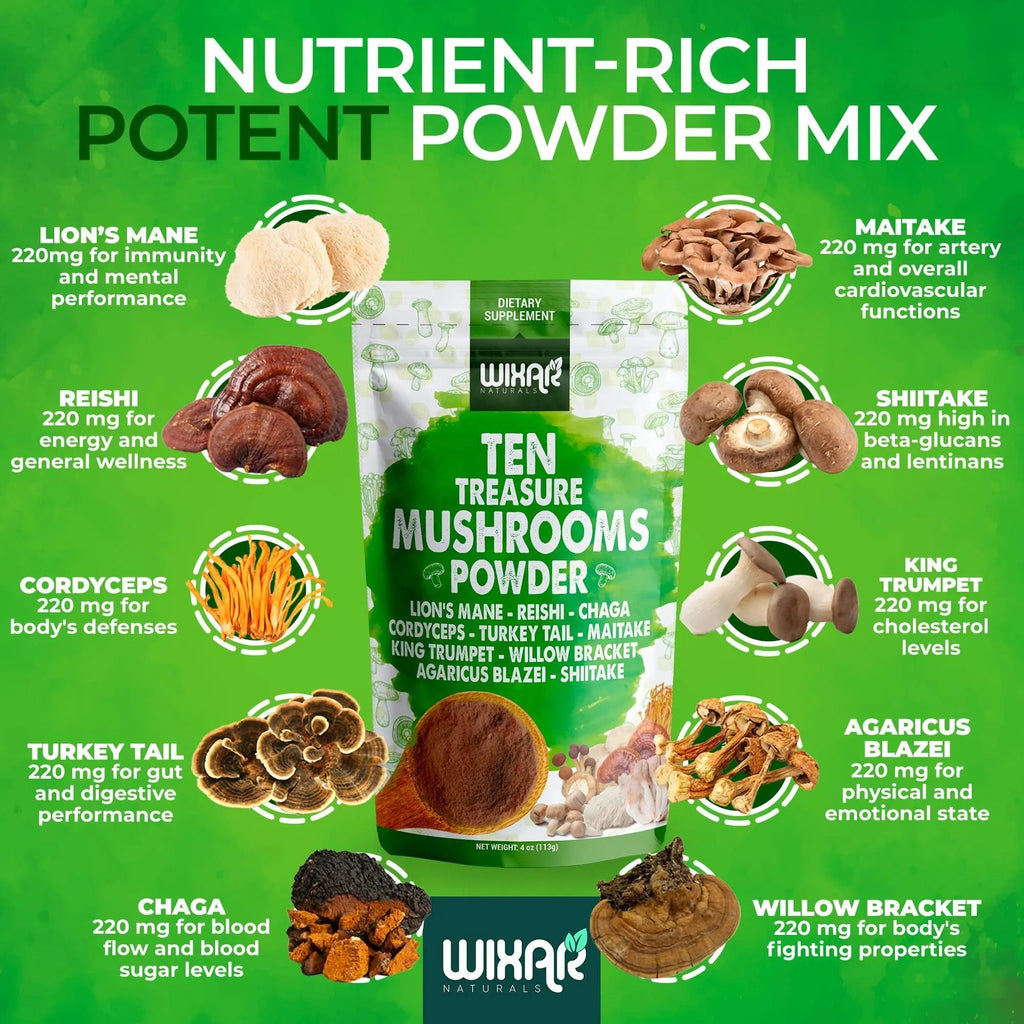 Wixar Mushroom Powder - Ten Treasure Mushrooms Extract Supplement Blend for Coffee - TrustMedUSA