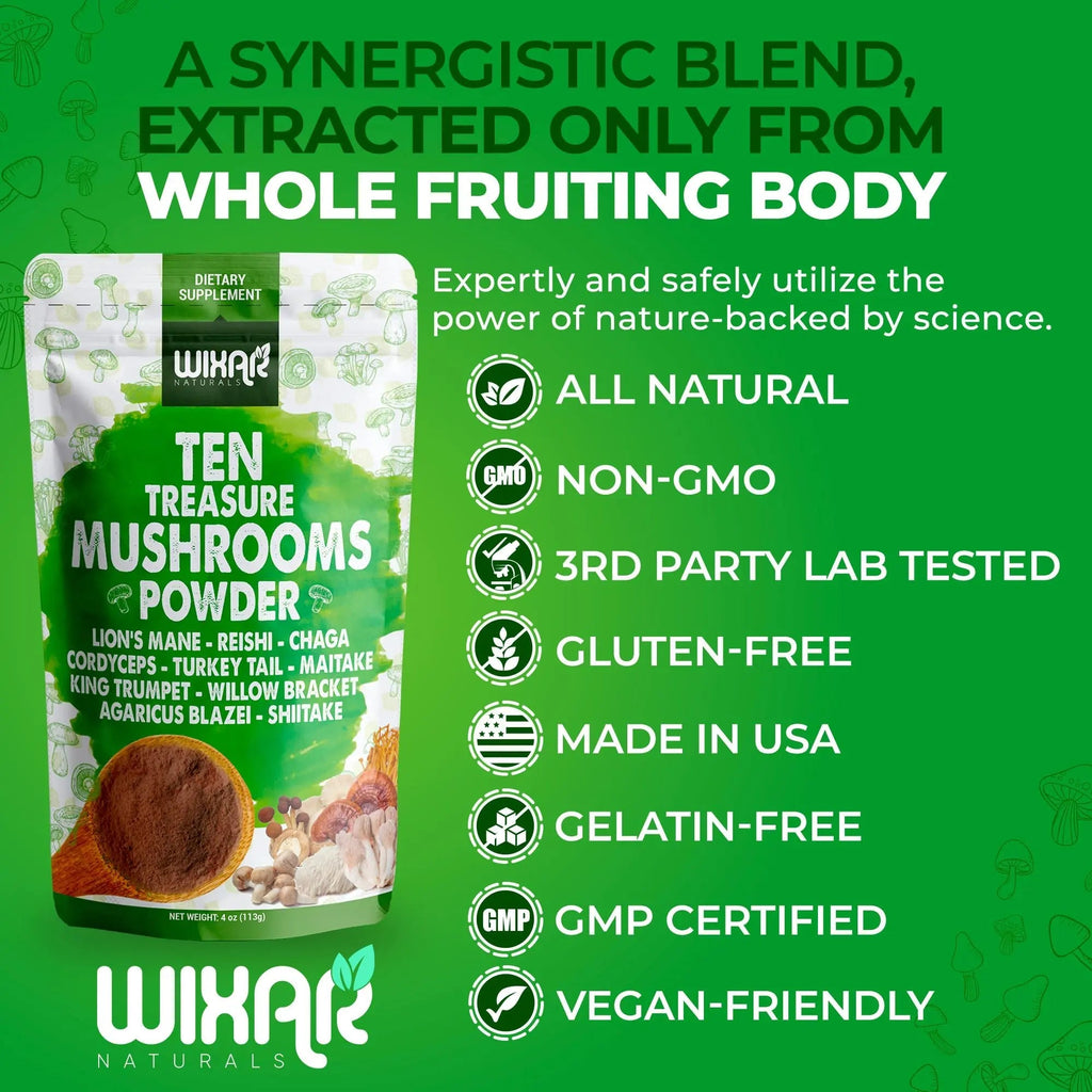Wixar Mushroom Powder - Ten Treasure Mushrooms Extract Supplement Blend for Coffee - TrustMedUSA