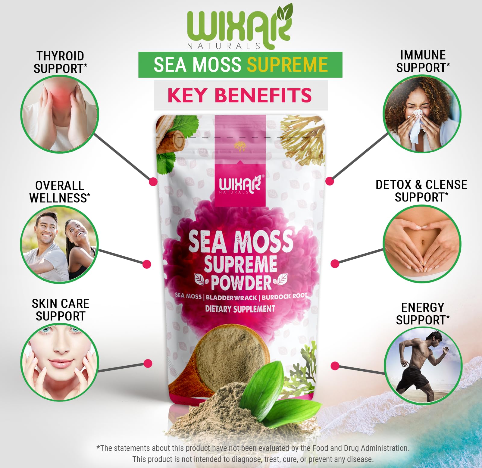 Wixar Wildcrafted Sea Moss Powder – (8 Ounces) – Natural Irish Sea Moss and Bladderwrack with Burdock Powder - Thyroid Support, Healthy Skin, Keto Detox, Joint Support Alkaline Supplements - TrustMedUSA