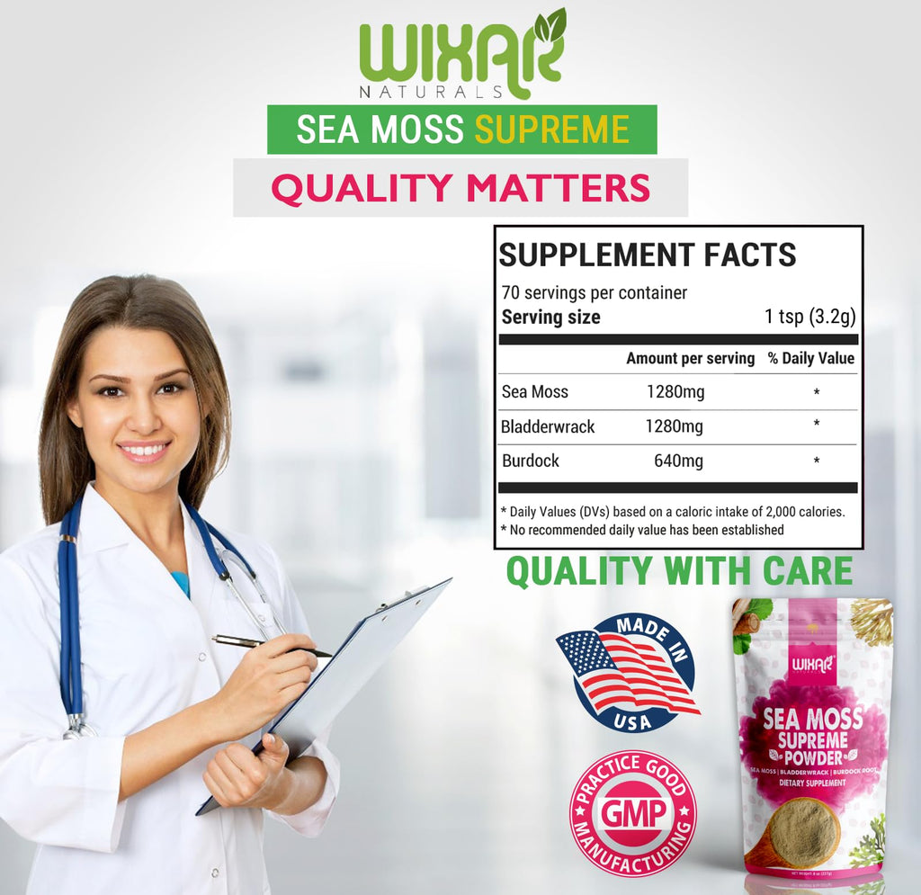 Wixar Wildcrafted Sea Moss Powder – (8 Ounces) – Natural Irish Sea Moss and Bladderwrack with Burdock Powder - Thyroid Support, Healthy Skin, Keto Detox, Joint Support Alkaline Supplements - TrustMedUSA