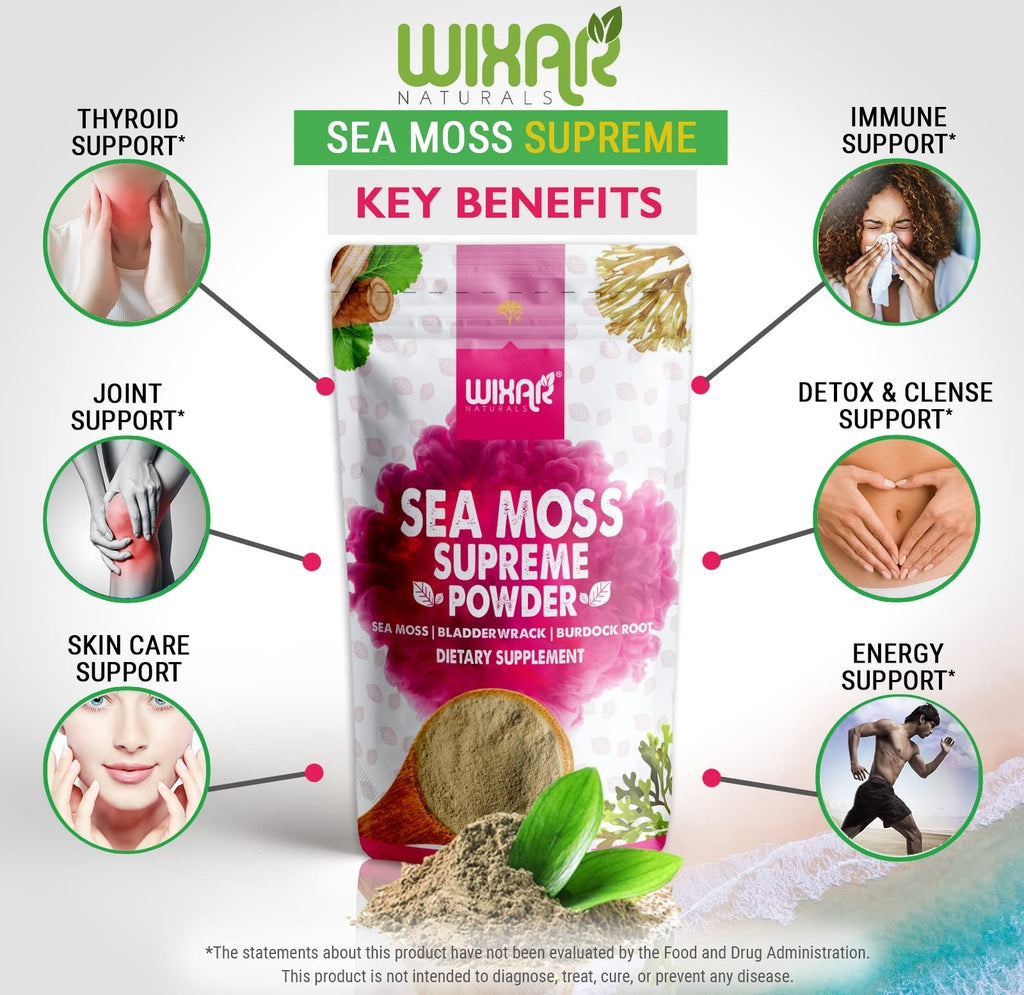 Wixar Wildcrafted Sea Moss Powder – (8 Ounces) – Natural Irish Sea Moss and Bladderwrack with Burdock Powder - Thyroid Support, Healthy Skin, Keto Detox, Joint Support Alkaline Supplements - TrustMedUSA