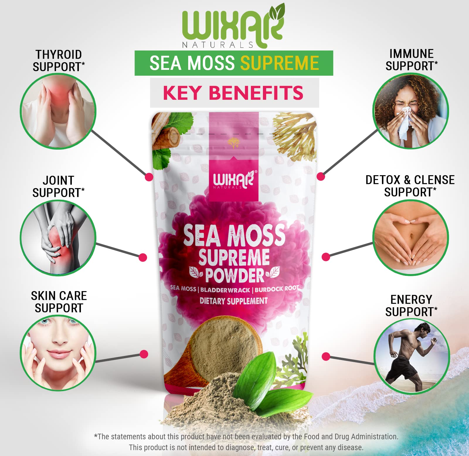 Wixar Wildcrafted Sea Moss Powder – (8 Ounces) – Natural Irish Sea Moss and Bladderwrack with Burdock Powder - Thyroid Support, Healthy Skin, Keto Detox, Joint Support Alkaline Supplements - TrustMedUSA