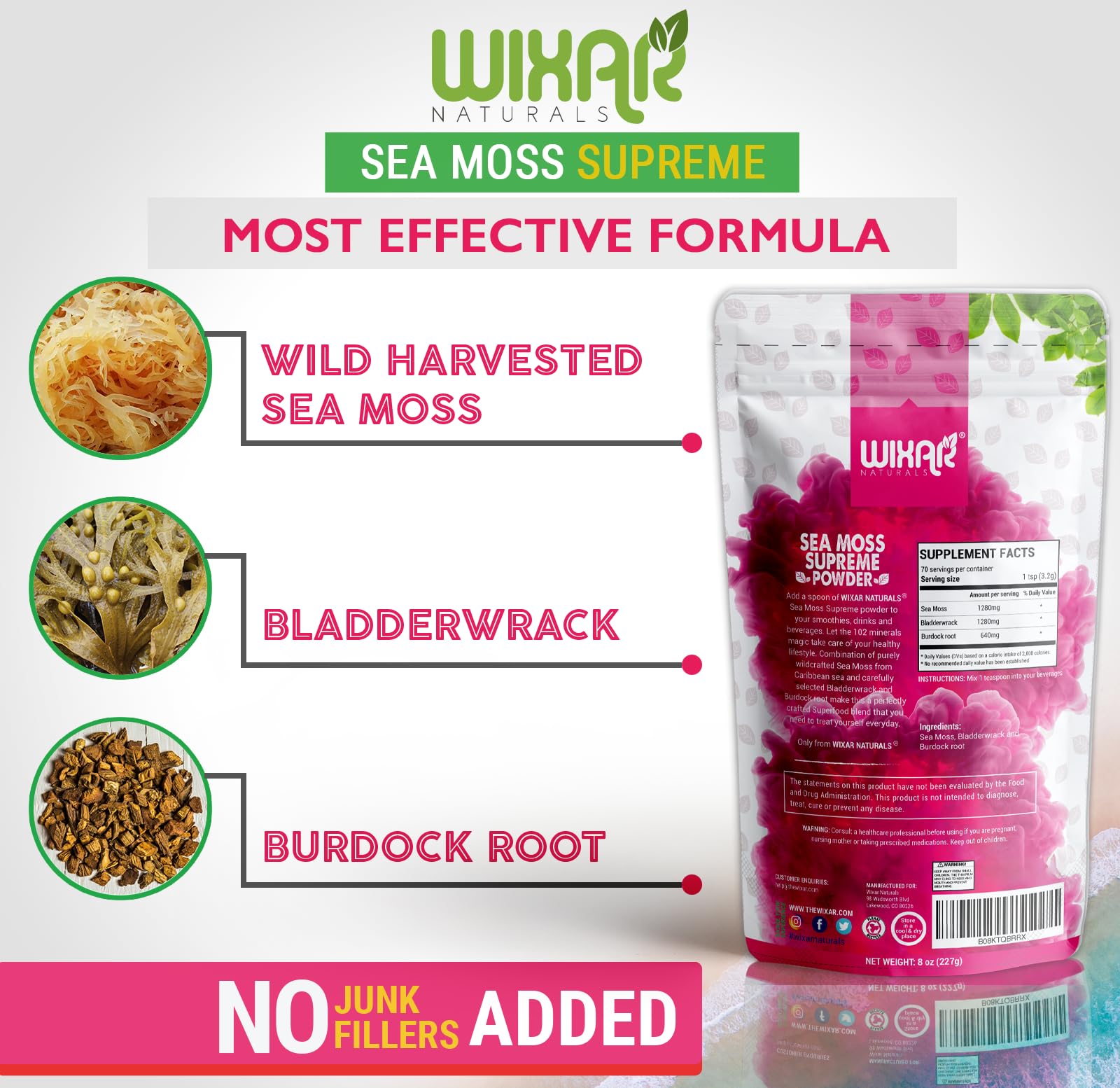 Wixar Wildcrafted Sea Moss Powder – (8 Ounces) – Natural Irish Sea Moss and Bladderwrack with Burdock Powder - Thyroid Support, Healthy Skin, Keto Detox, Joint Support Alkaline Supplements - TrustMedUSA