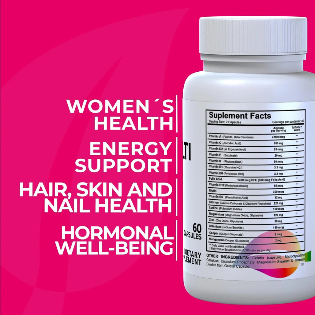 Women’s Multivitamin 18+ Vitamins & Minerals | Biotin, Folic Acid, Zinc, Calcium, Magnesium & Vitamin D | Hair, Skin & Nails Support, Energy - TrustMedUSA