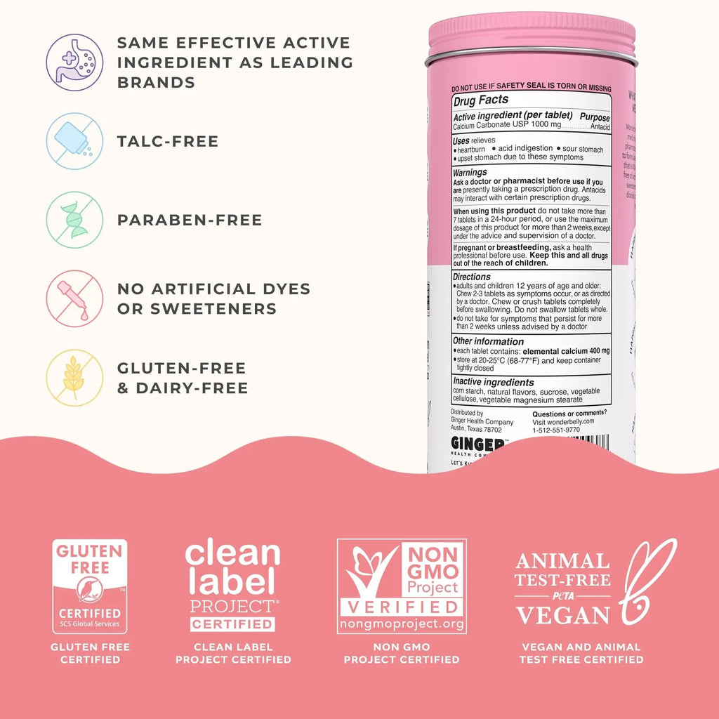 Wonderbelly Antacid, Effective Heartburn and Instant Acid Indigestion Relief, Extra Strength Chewable Tablets, 1000 mg Calcium Carbonate, No Talc or Dye, Strawberry Milkshake, 120 Count - TrustMedUSA