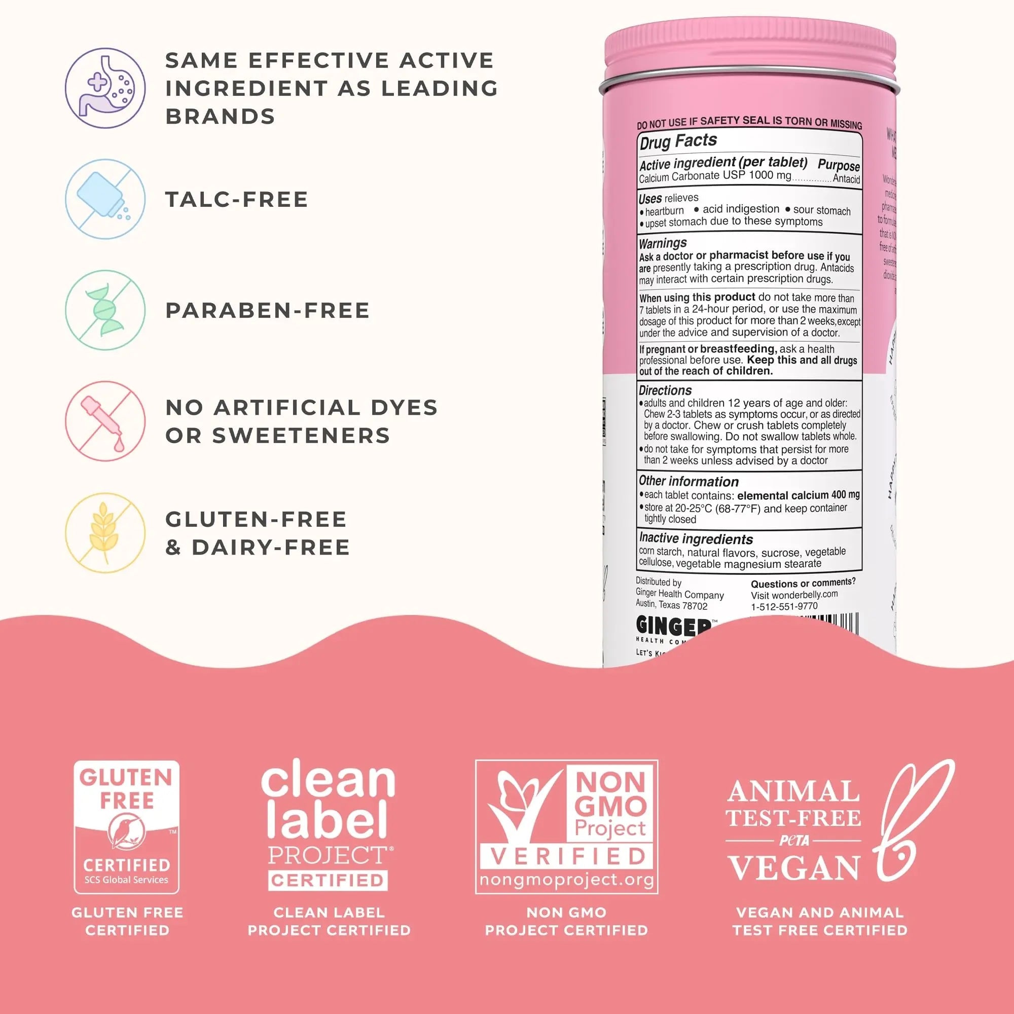 Wonderbelly Antacid, Effective Heartburn and Instant Acid Indigestion Relief, Extra Strength Chewable Tablets, 1000 mg Calcium Carbonate, No Talc or Dye, Strawberry Milkshake, 120 Count - TrustMedUSA