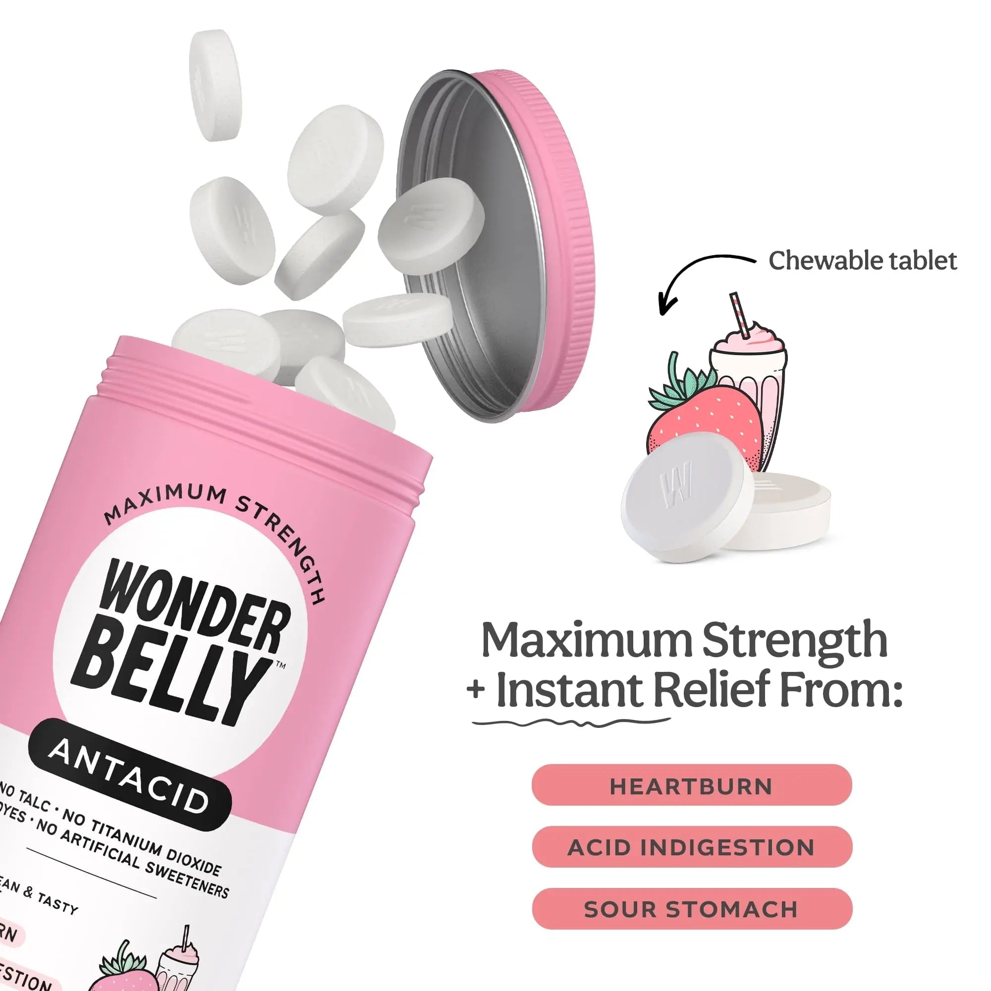 Wonderbelly Antacid, Effective Heartburn and Instant Acid Indigestion Relief, Extra Strength Chewable Tablets, 1000 mg Calcium Carbonate, No Talc or Dye, Strawberry Milkshake, 120 Count - TrustMedUSA