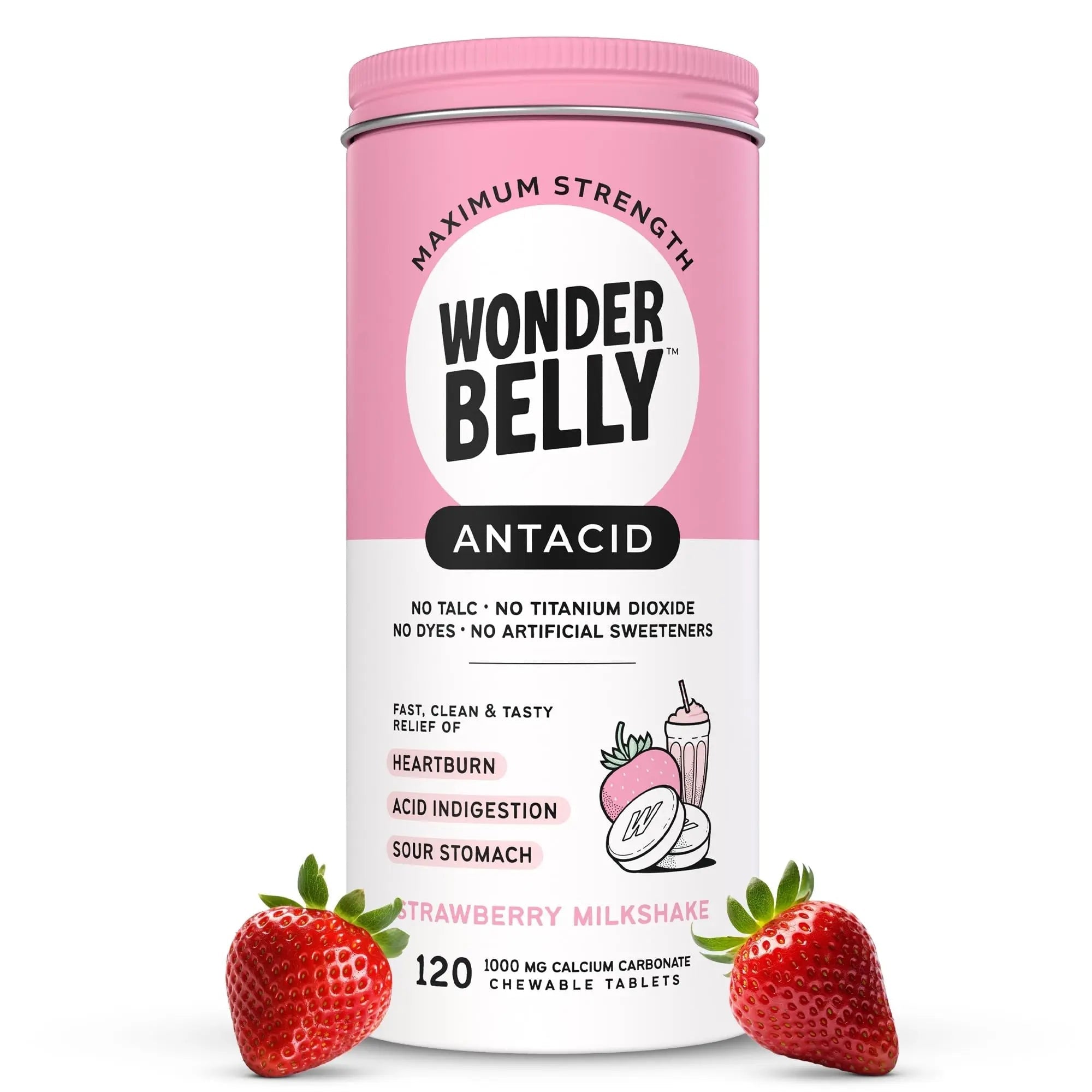 Wonderbelly Antacid, Effective Heartburn and Instant Acid Indigestion Relief, Extra Strength Chewable Tablets, 1000 mg Calcium Carbonate, No Talc or Dye, Strawberry Milkshake, 120 Count - TrustMedUSA