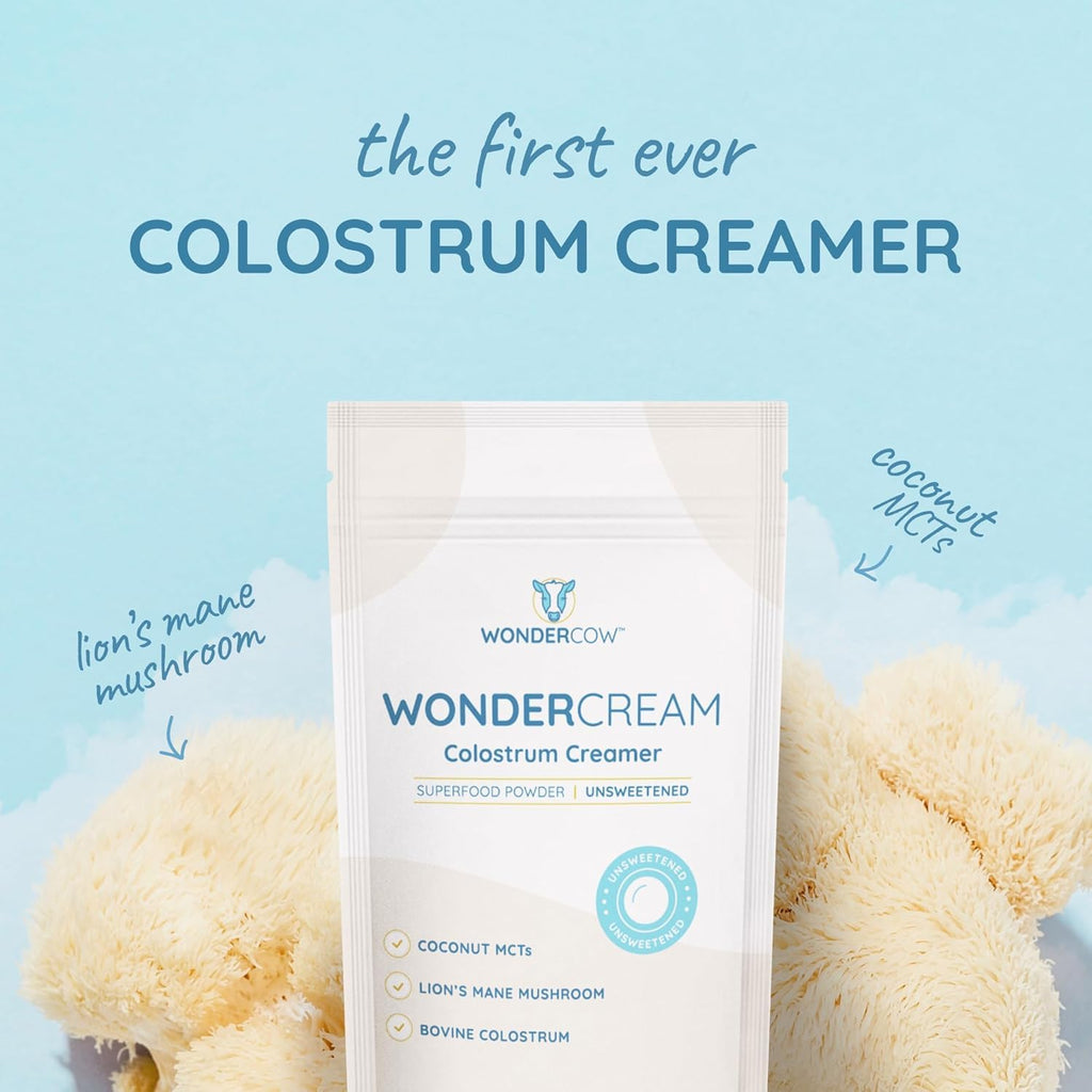 WONDERCOW Bovine Colostrum Superfood Creamer Supplement Powder w/Organic Lions Mane Mushroom & Coconut Milk Powder MCTs | Functional Sugar Free Keto Coffee, Smoothie & Drink Mix Unsweetened - TrustMedUSA
