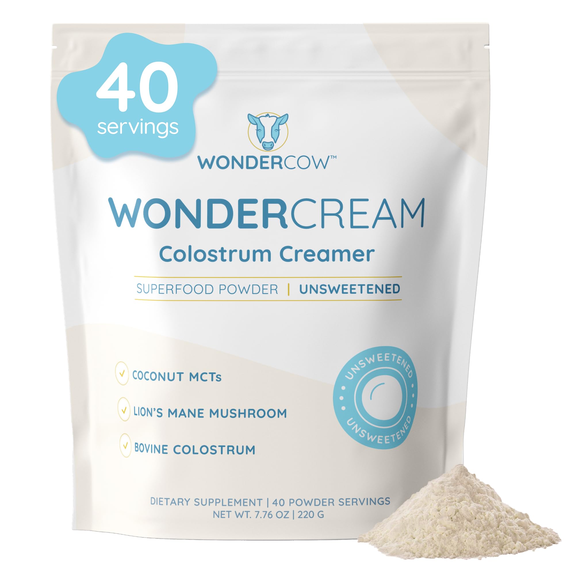 WONDERCOW Bovine Colostrum Superfood Creamer Supplement Powder w/Organic Lions Mane Mushroom & Coconut Milk Powder MCTs | Functional Sugar Free Keto Coffee, Smoothie & Drink Mix Unsweetened - TrustMedUSA
