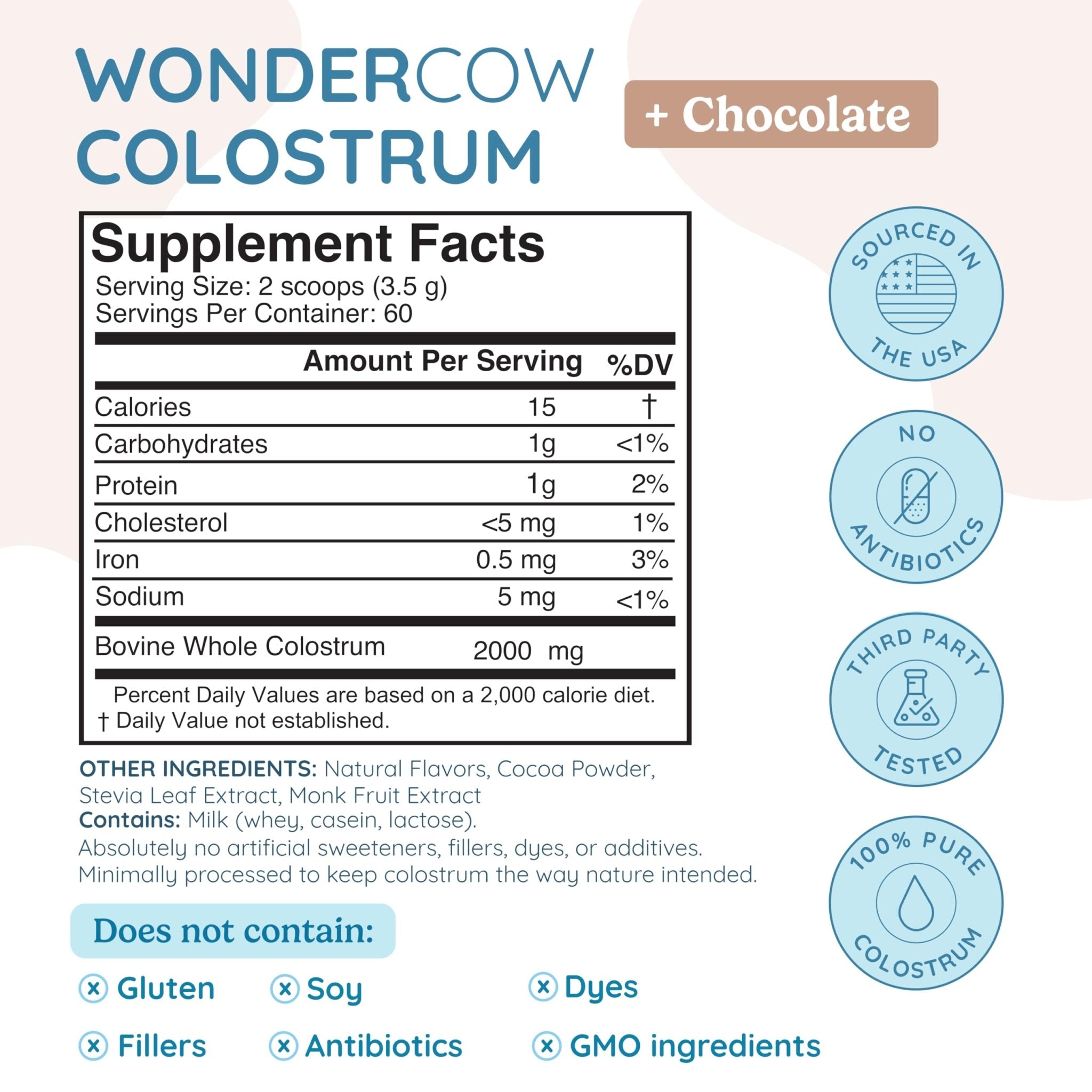 WONDERCOW Colostrum Supplement Powder for Gut Health, Immune Support & Wellness | Natural IgG Pure Whole Bovine Colostrum Superfood, Chocolate, 60 Servings - TrustMedUSA