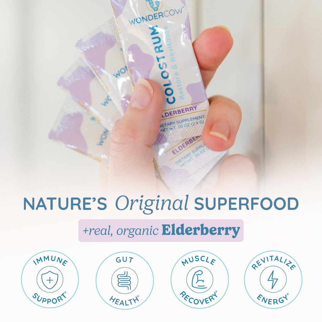 WONDERCOW Colostrum Supplement Powder for Gut Health, Immune Support & Wellness | Natural IgG Pure Whole Bovine Colostrum Superfood, Elderberry, 30 Servings - TrustMedUSA
