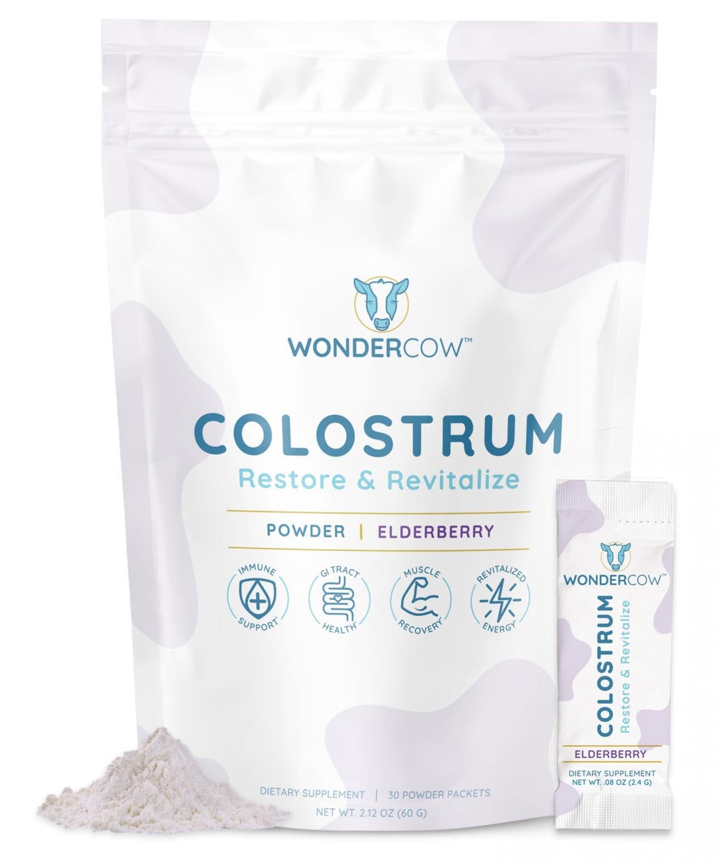 WONDERCOW Colostrum Supplement Powder for Gut Health, Immune Support & Wellness | Natural IgG Pure Whole Bovine Colostrum Superfood, Elderberry, 30 Servings - TrustMedUSA