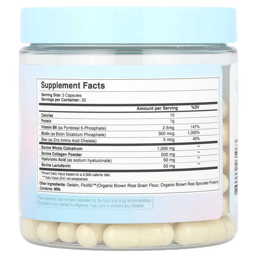 WONDERCOW Hair Skin and Nails Vitamins w/Bovine Colostrum, Collagen, Hyaluronic Acid, Biotin, Zinc, & Lactoferrin┃Supports Faster Hair Growth, Stronger Nails and Glowing Skin (30 Servings, Capsule) - Maple Wellness Supplements