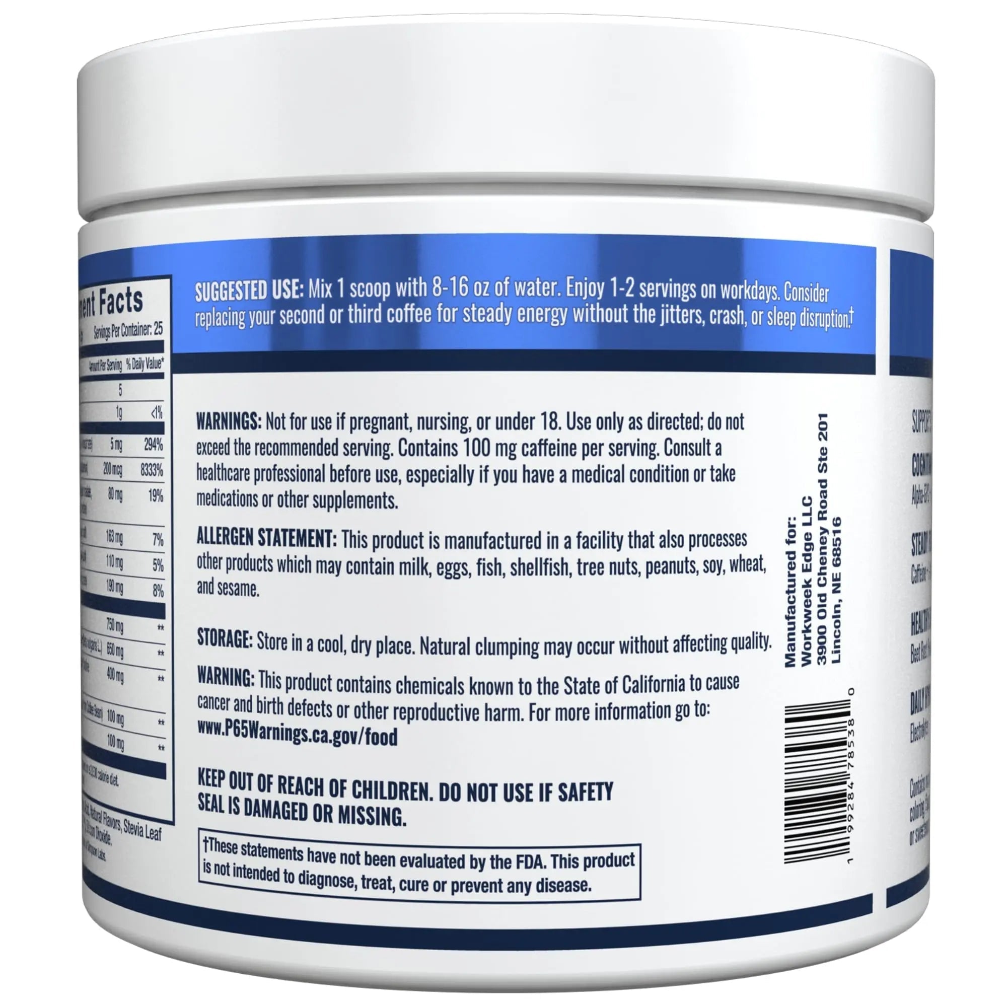 Workweek Edge Focus & Energy Drink Mix Powder – Zero Sugar, 100mg Caffeine + L-Theanine + L-Tyrosine Calm Nootropic Supplement for Steady Focus & Clean Energy – (25 Servings) - TrustMedUSA