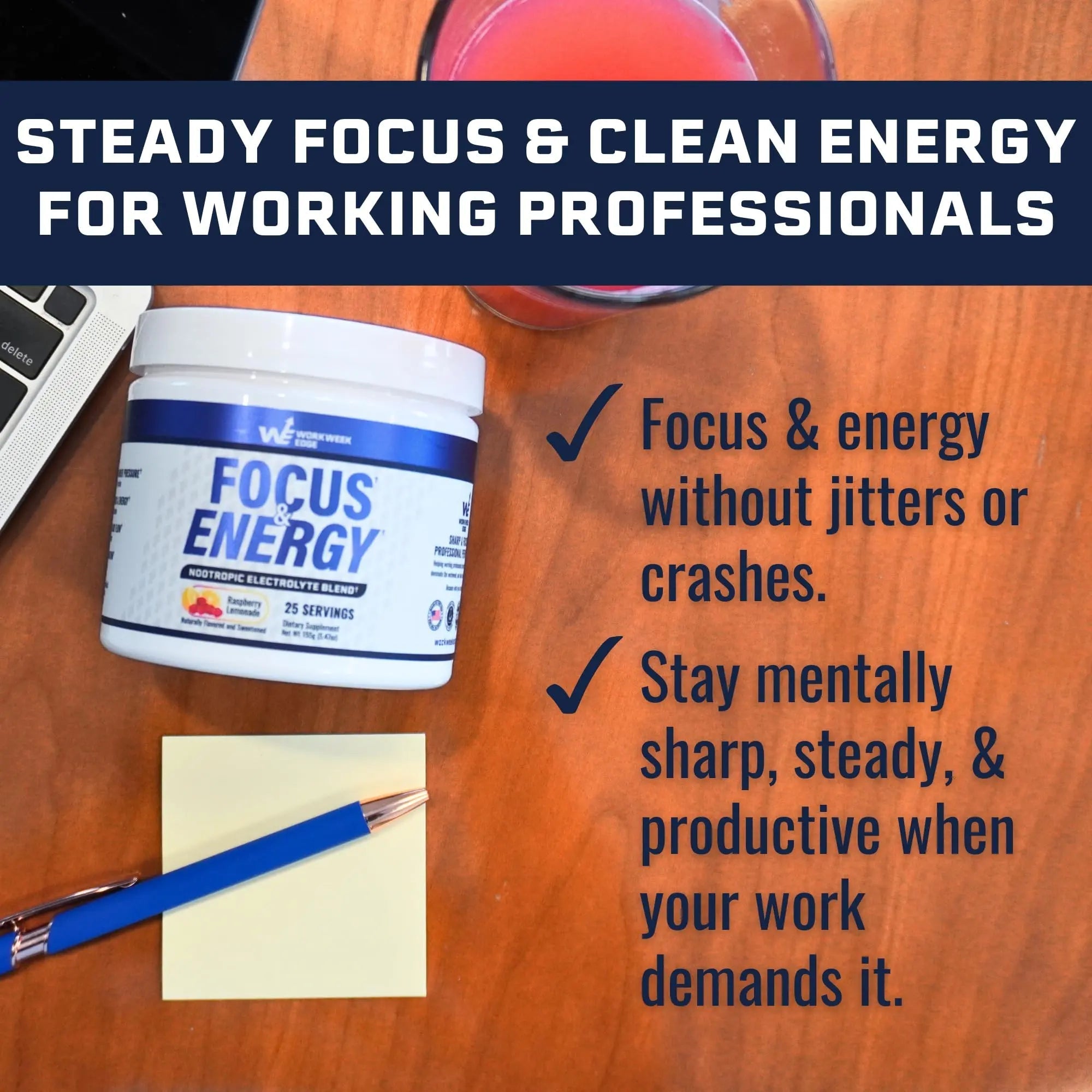Workweek Edge Focus & Energy Drink Mix Powder – Zero Sugar, 100mg Caffeine + L-Theanine + L-Tyrosine Calm Nootropic Supplement for Steady Focus & Clean Energy – (25 Servings) - TrustMedUSA