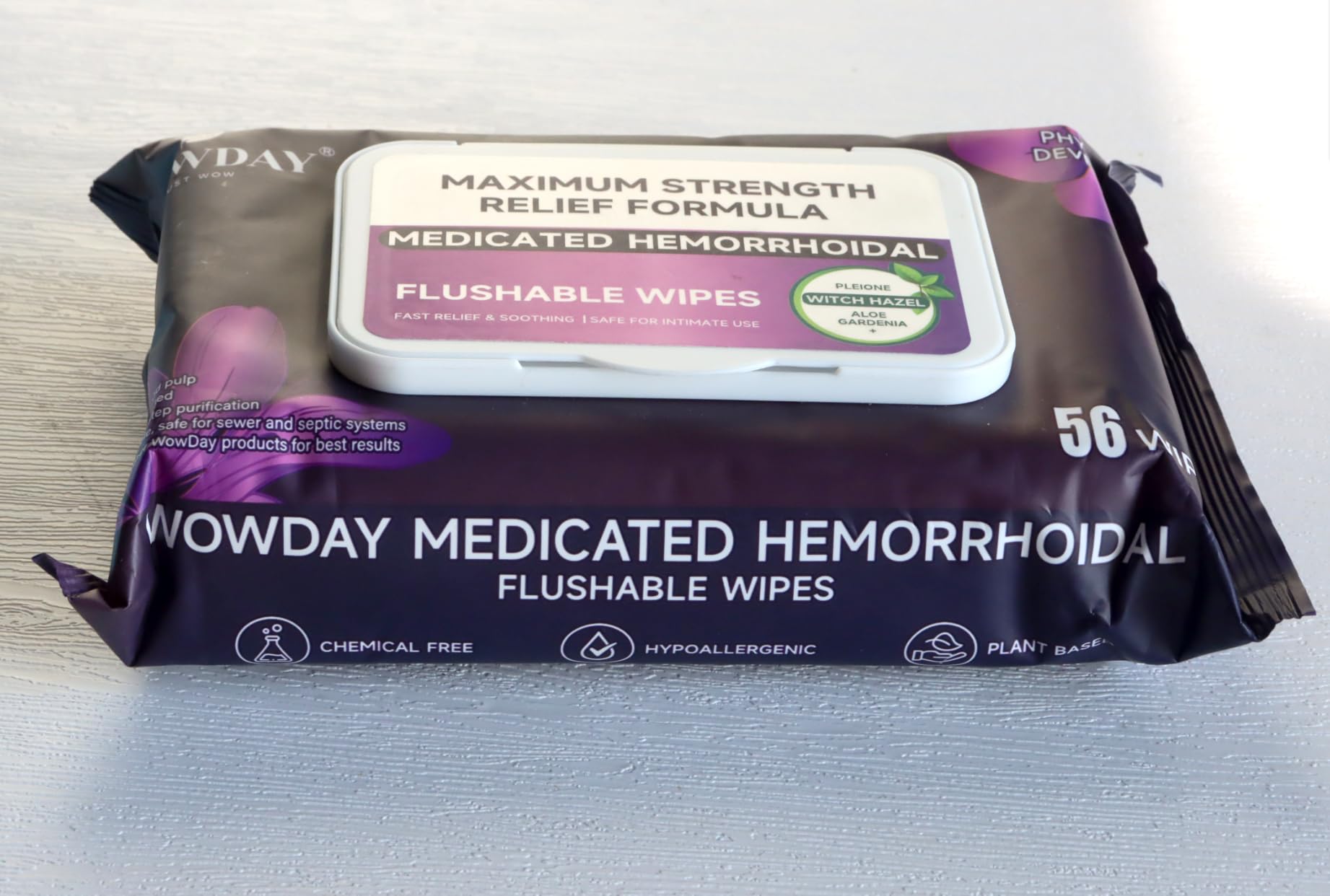 Wowday Flushable Hemorrhoid Wipes | Maximum Strength Witch Hazel Wipes | 56 Count Fragrance Free Adult Hemorrhoids Medicated Witch Hazels Wipe for Butt Hemorrhoidal Itch - TrustMedUSA