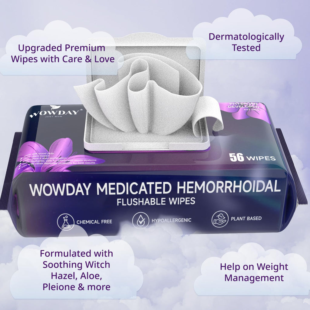 Wowday Flushable Hemorrhoid Wipes | Maximum Strength Witch Hazel Wipes | 56 Count Fragrance Free Adult Hemorrhoids Medicated Witch Hazels Wipe for Butt Hemorrhoidal Itch - TrustMedUSA