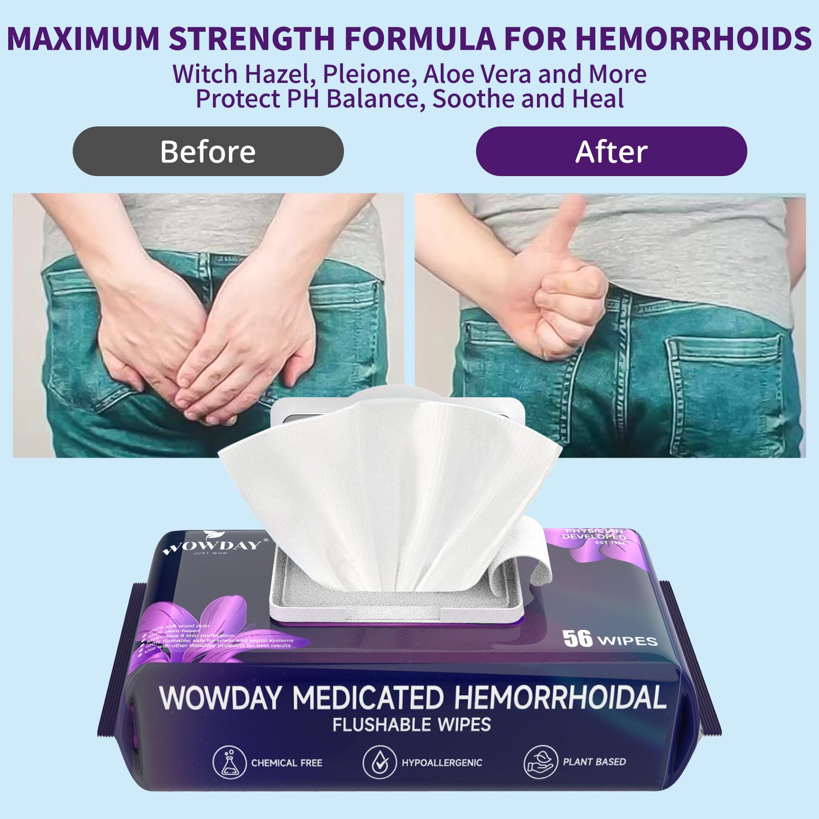 Wowday Flushable Hemorrhoid Wipes | Maximum Strength Witch Hazel Wipes | 56 Count Fragrance Free Adult Hemorrhoids Medicated Witch Hazels Wipe for Butt Hemorrhoidal Itch - TrustMedUSA