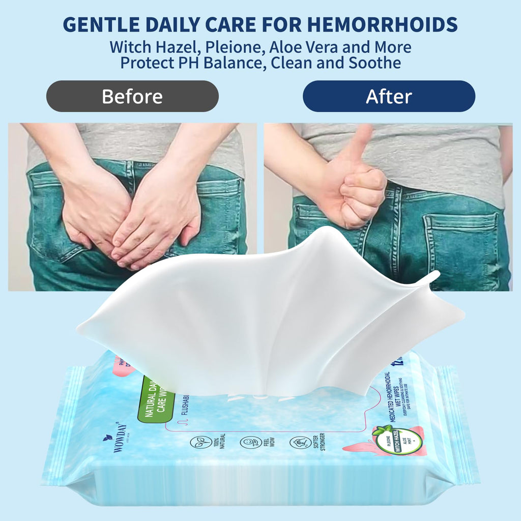 Wowday Flushable Hemorrhoid Wipes | Medicated Witch Hazel Wipes Ph Balanced | 112 Count Natural Fragrance Free Adult Hemorrhoids Witch Hazel Wipe for Butt Itch - TrustMedUSA