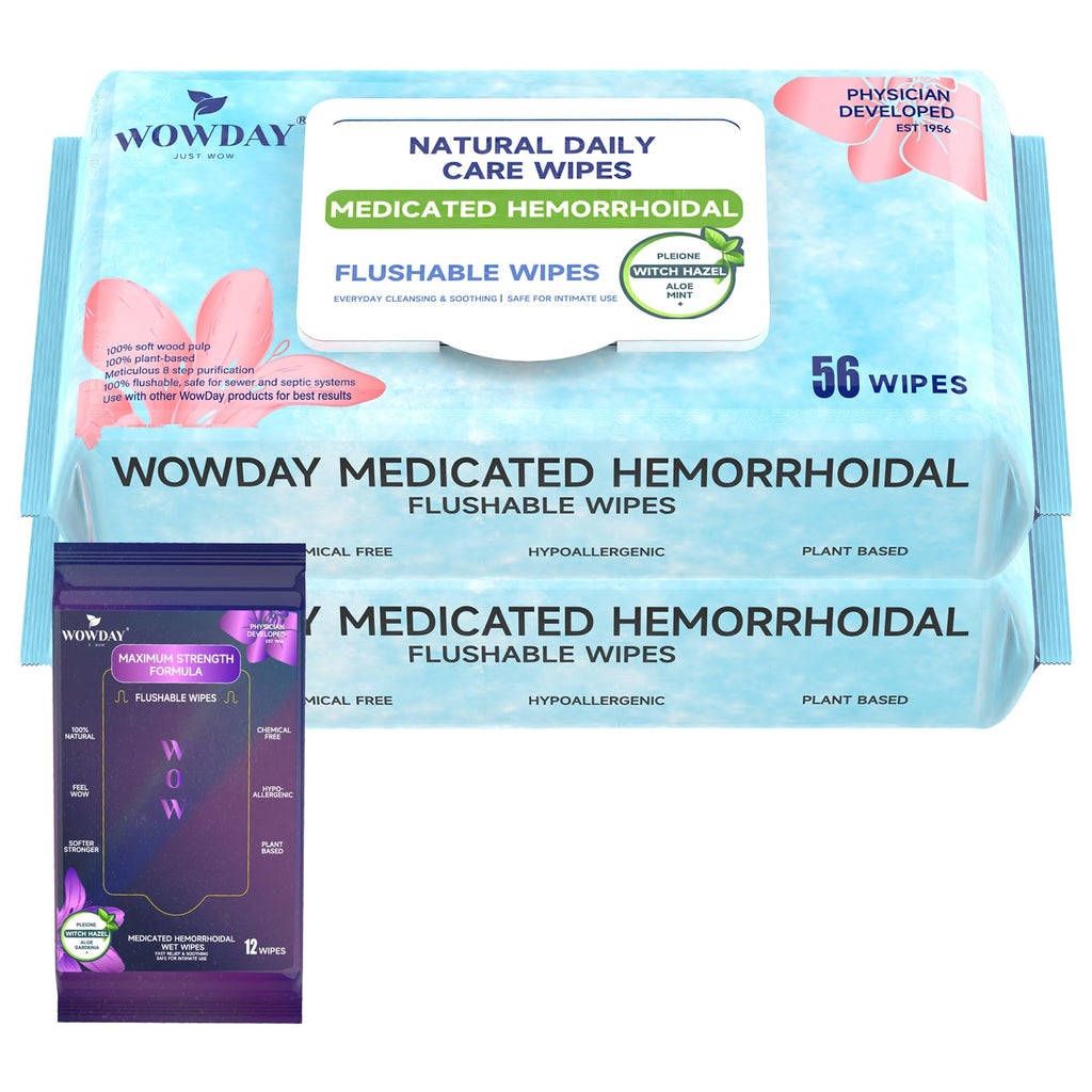 Wowday Flushable Hemorrhoid Wipes | Medicated Witch Hazel Wipes Ph Balanced | 112 Count Natural Fragrance Free Adult Hemorrhoids Witch Hazel Wipe for Butt Itch - TrustMedUSA