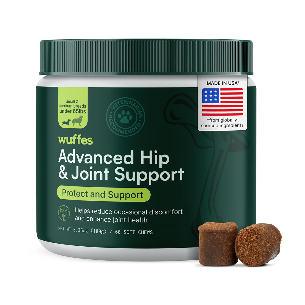 Wuffes Advanced Dog Hip and Joint Supplement with Glucosamine, Chondroitin, Omega 3, MSM, and Green Lipped Mussel, 60 Pork Flavored Chews for Small and Medium Dog Breeds - TrustMedUSA