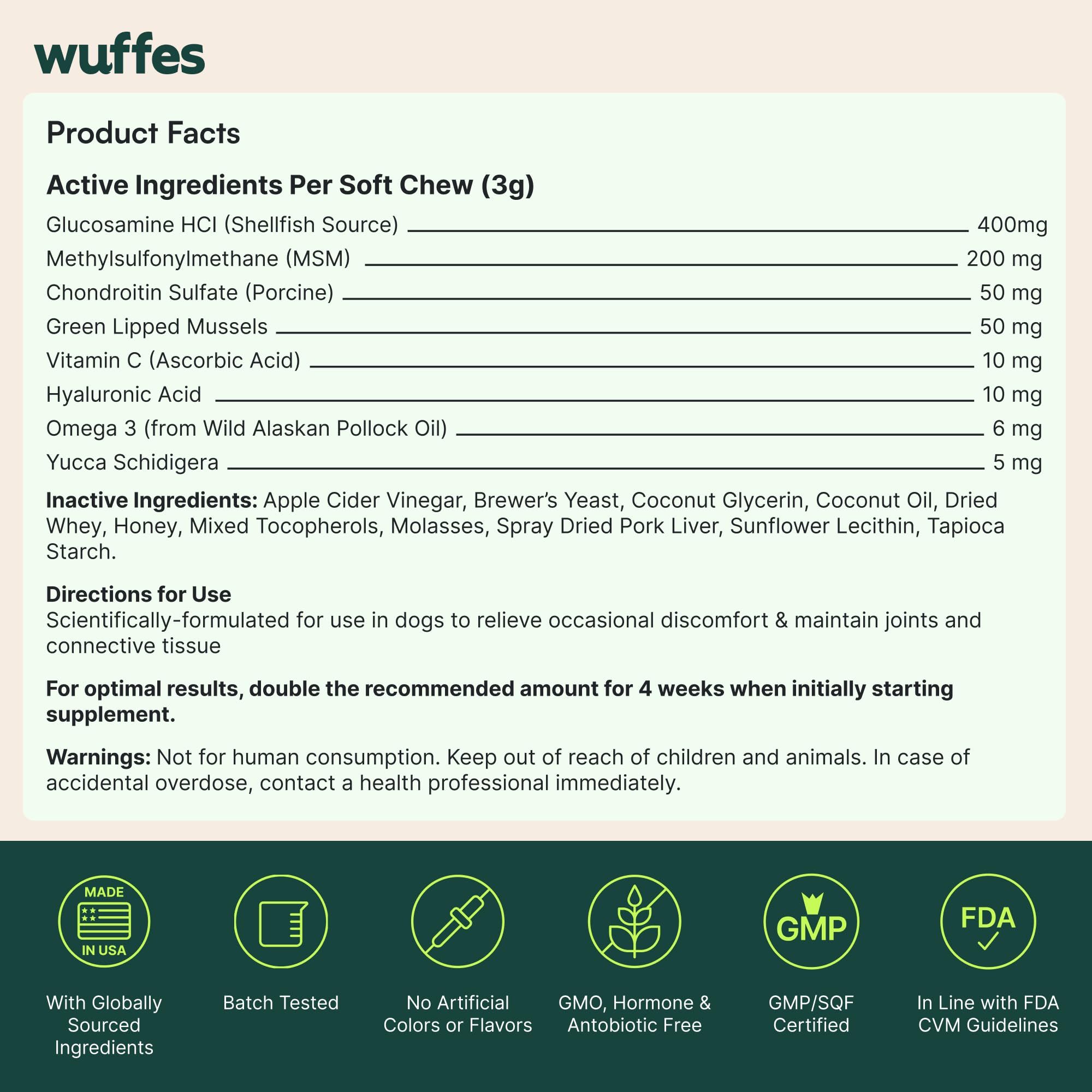 Wuffes Advanced Dog Hip and Joint Supplement with Glucosamine, Chondroitin, Omega 3, MSM, and Green Lipped Mussel, 60 Pork Flavored Chews for Small and Medium Dog Breeds - TrustMedUSA