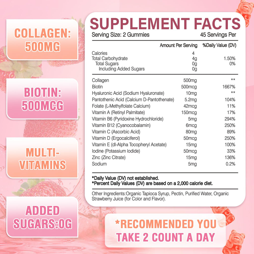 WyuuKi 180 Count Collagen Gummies Collagen Protein Type I II III V X with Biotin Vitamin C A B D E Keratin Hyaluronic Acid for Hair Skin Nails Joint Immune Digestion Women Men Sugar Free Strawberry - Maple Wellness Supplements
