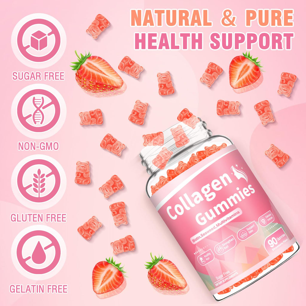WyuuKi 180 Count Collagen Gummies Collagen Protein Type I II III V X with Biotin Vitamin C A B D E Keratin Hyaluronic Acid for Hair Skin Nails Joint Immune Digestion Women Men Sugar Free Strawberry - Maple Wellness Supplements