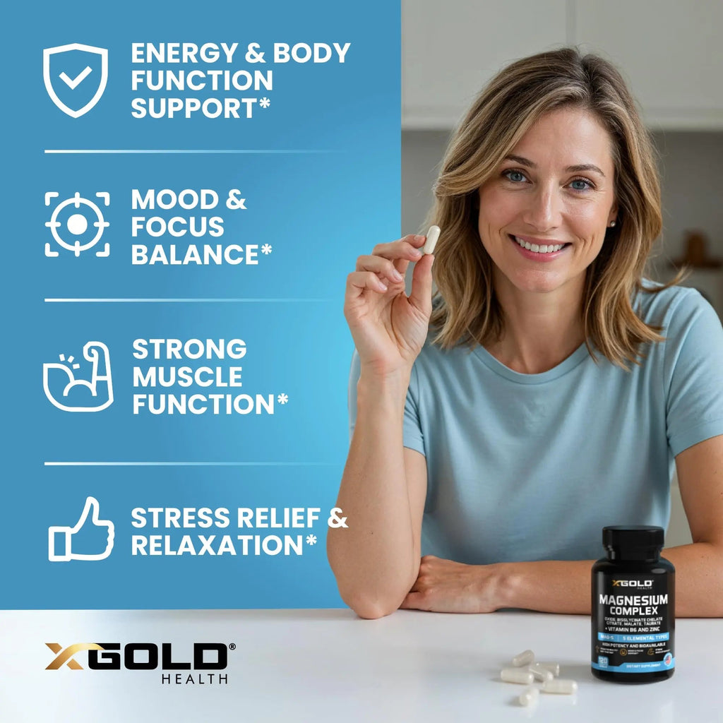X Gold Health Magnesium Complex 5-in-1 with Zinc & B6 High Absorption Capsules (Glycinate, Citrate, Malate, Taurate, Oxide) Muscle Recovery, Energy, Sleep Support & Immune Health 500mg Made in USA - TrustMedUSA