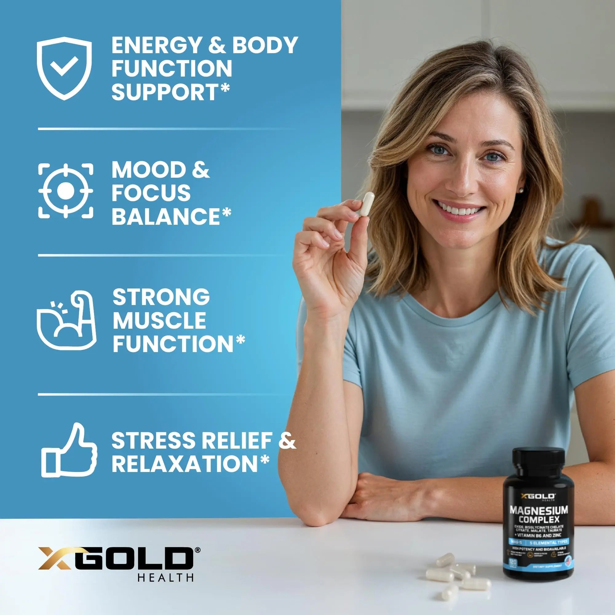 X Gold Health Magnesium Complex 5-in-1 with Zinc & B6 High Absorption Capsules (Glycinate, Citrate, Malate, Taurate, Oxide) Muscle Recovery, Energy, Sleep Support & Immune Health 500mg Made in USA - TrustMedUSA