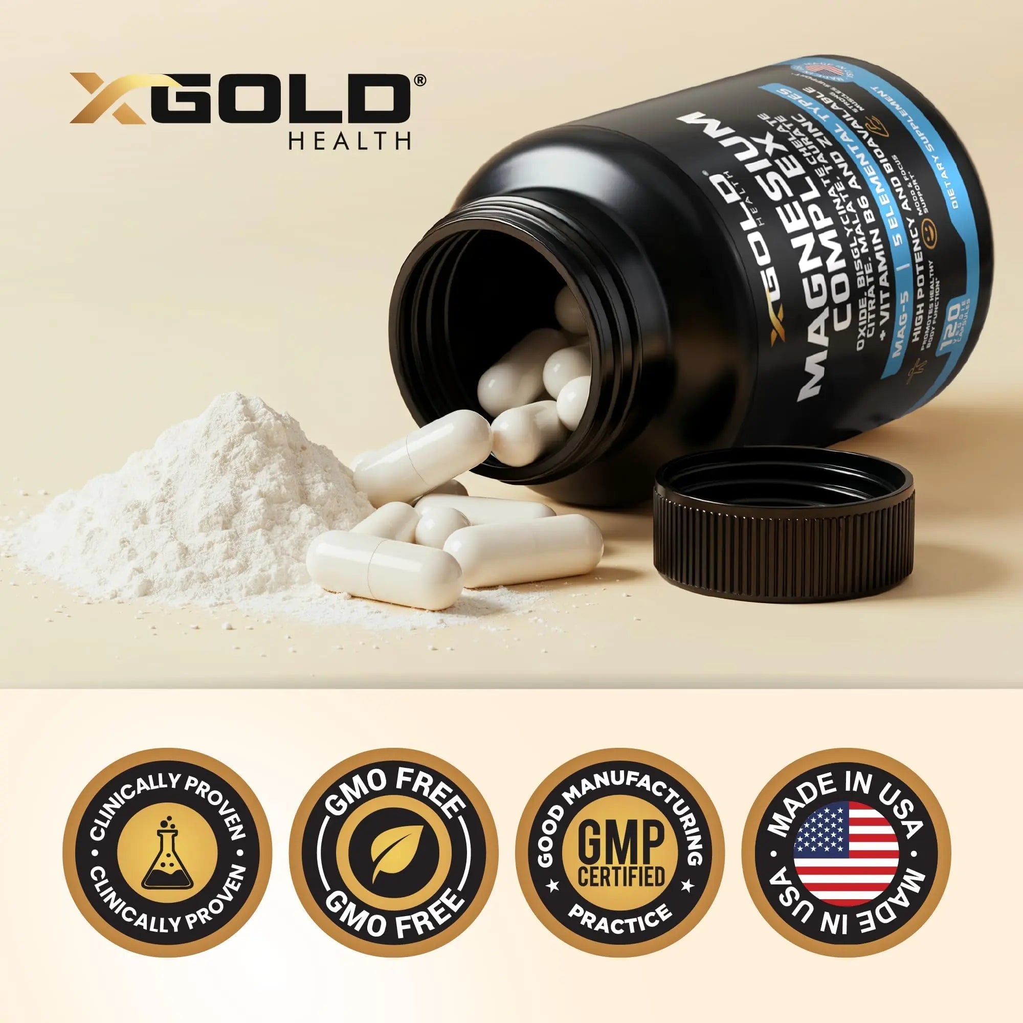 X Gold Health Magnesium Complex 5-in-1 with Zinc & B6 High Absorption Capsules (Glycinate, Citrate, Malate, Taurate, Oxide) Muscle Recovery, Energy, Sleep Support & Immune Health 500mg Made in USA - TrustMedUSA