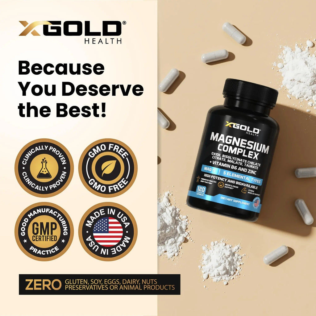 X Gold Health Magnesium Complex 5-in-1 with Zinc & B6 High Absorption Capsules (Glycinate, Citrate, Malate, Taurate, Oxide) Muscle Recovery, Energy, Sleep Support & Immune Health 500mg Made in USA - TrustMedUSA