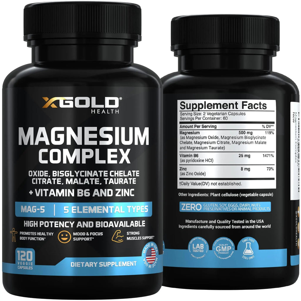 X Gold Health Magnesium Complex 5-in-1 with Zinc & B6 High Absorption Capsules (Glycinate, Citrate, Malate, Taurate, Oxide) Muscle Recovery, Energy, Sleep Support & Immune Health 500mg Made in USA - TrustMedUSA