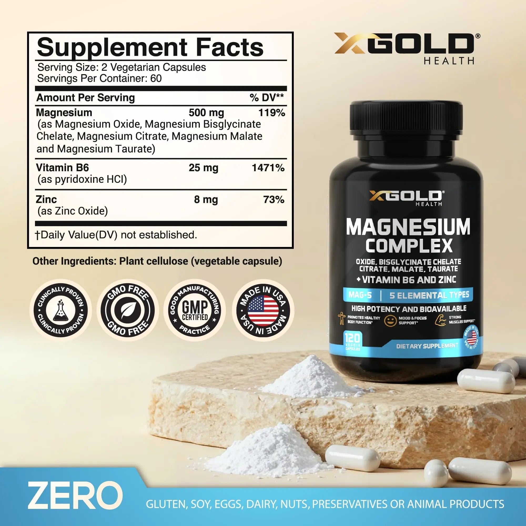 X Gold Health Magnesium Complex 5-in-1 with Zinc & B6 High Absorption Capsules (Glycinate, Citrate, Malate, Taurate, Oxide) Muscle Recovery, Energy, Sleep Support & Immune Health 500mg Made in USA - TrustMedUSA