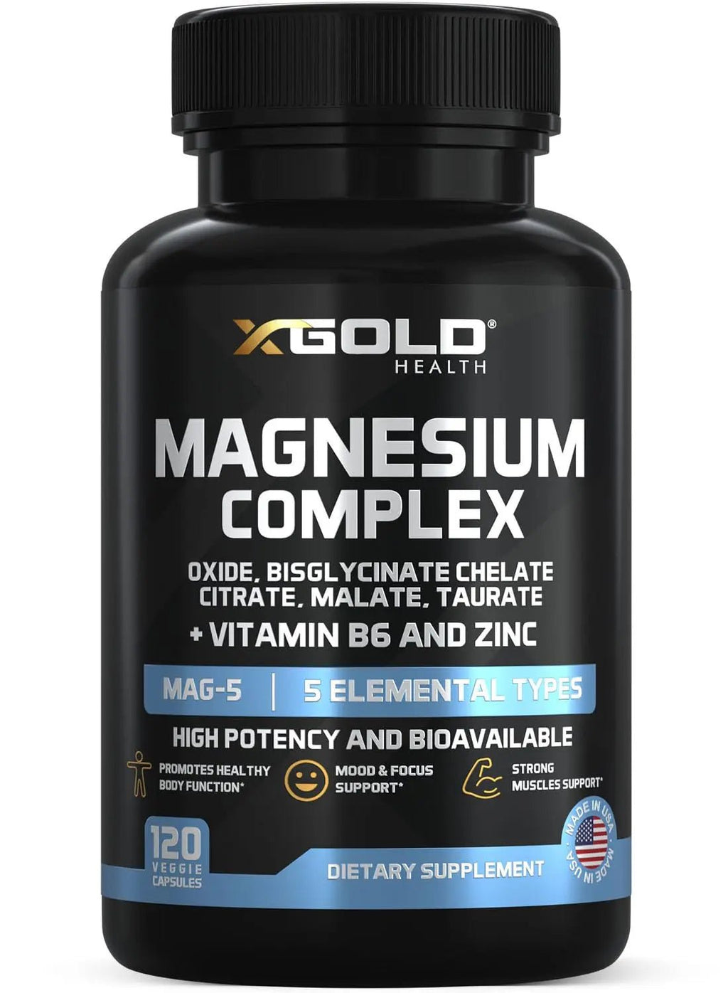 X Gold Health Magnesium Complex 5-in-1 with Zinc & B6 High Absorption Capsules (Glycinate, Citrate, Malate, Taurate, Oxide) Muscle Recovery, Energy, Sleep Support & Immune Health 500mg Made in USA - TrustMedUSA