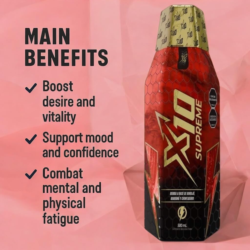 X10 Supreme Liquid 500 ML Natural Supplement (Similar Results as vitafer..Gold) - Chontaduro, Guarana, and Borojó Blend | 500 ML | Plant-Based Energy Support for Vitality - TrustMedUSA