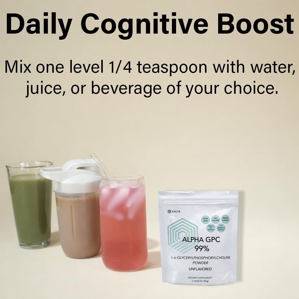 Xalya Alpha GPC Supplement, Alpha GPC Powder 99% Purity (Extra Strength) 500mg per Serving, Unflavored, Natural Choline Supplement - 3rd Party Tested -170 Servings, 3 Ounce - TrustMedUSA