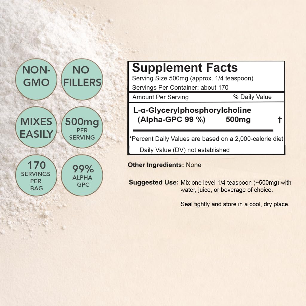 Xalya Alpha GPC Supplement, Alpha GPC Powder 99% Purity (Extra Strength) 500mg per Serving, Unflavored, Natural Choline Supplement - 3rd Party Tested -170 Servings, 3 Ounce - TrustMedUSA