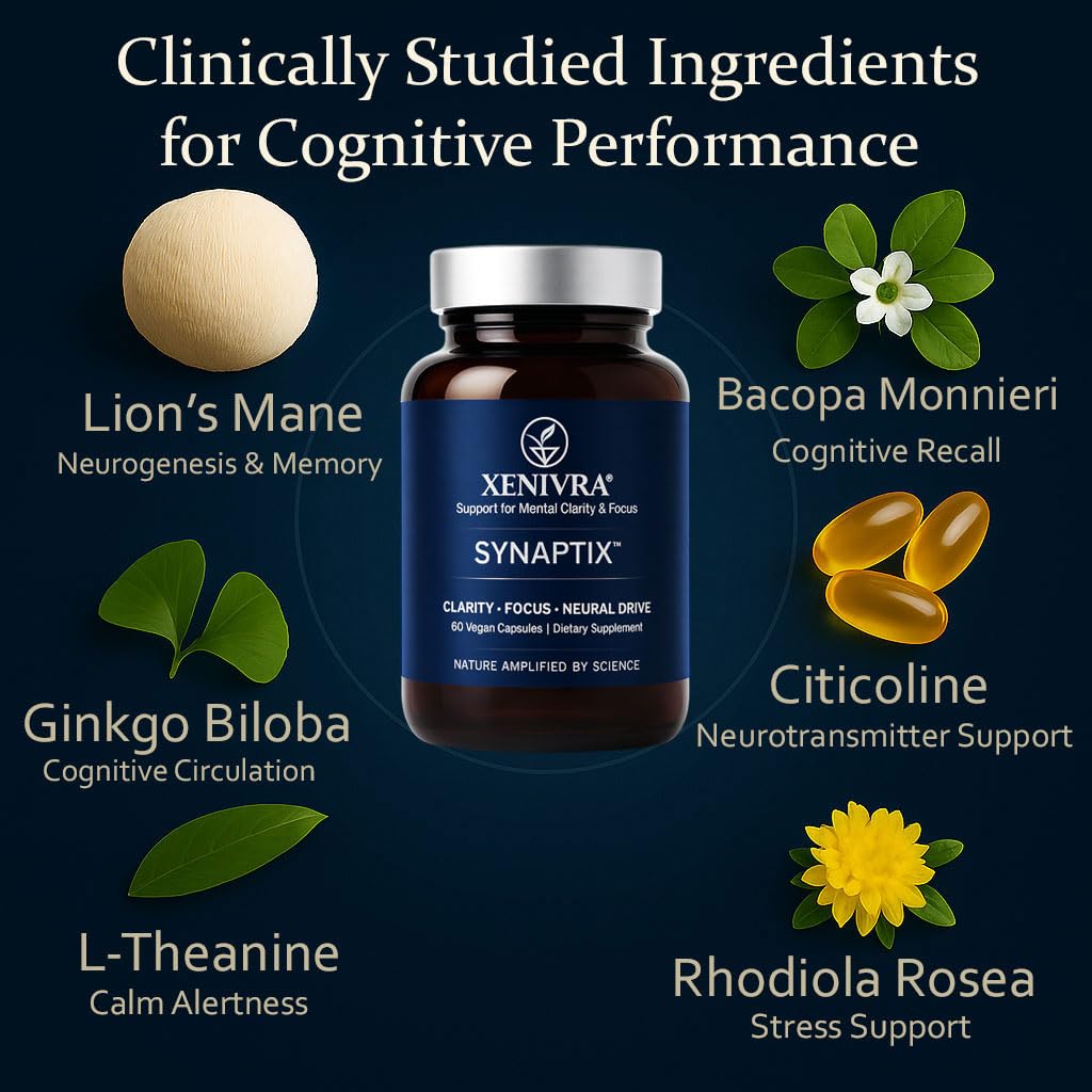 Xenivra Synaptix™ Natural Nootropic Brain Supplement | Herbal Memory & Focus Pills with Citicoline, L-Theanine, Lion’s Mane, Bacopa & Rhodiola | Mental Clarity & Brain Fog Support | 60 Vegan Capsules - TrustMedUSA