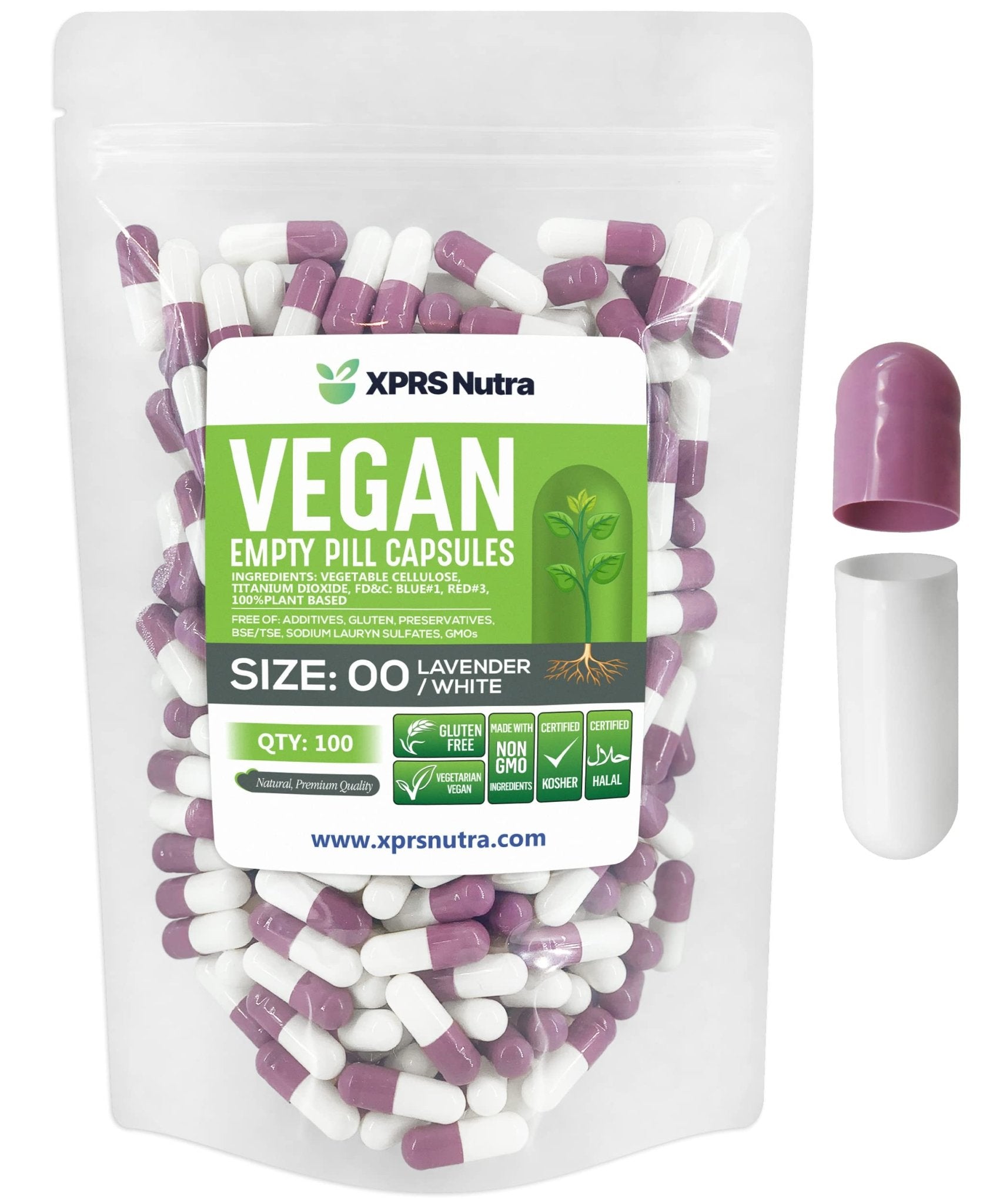 XPRS Nutra Size 00 Empty Capsules - 100 Count Empty Vegan Capsules - Vegetarian Empty Pills - DIY Vegetable Capsule Filling- Veggie Pill Caps (Lavender/White) - TrustMedUSA