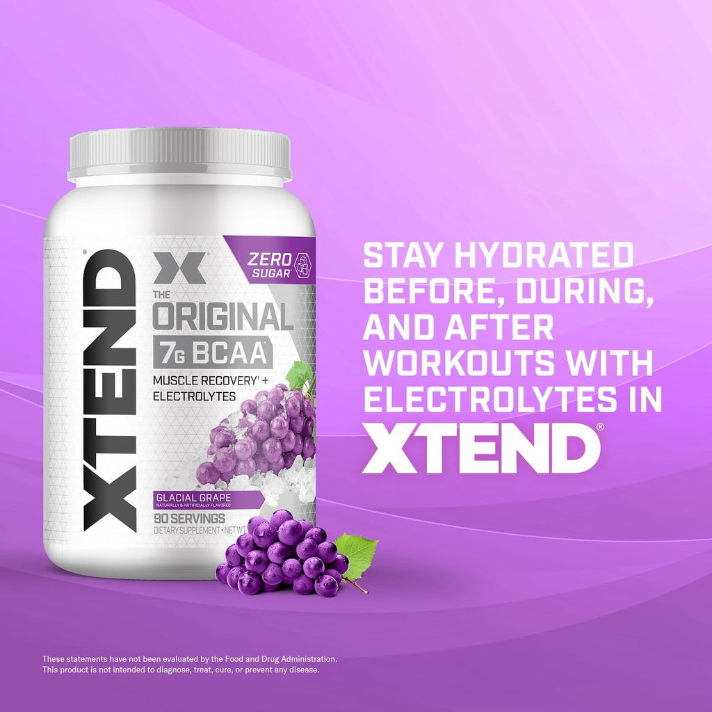 Xtend Original BCAA Powder, 7g BCAAs and 2.5g L-Glutamine for Muscle Recovery Hydration and Lean Muscle, Sugar Free Intra and Post Workout Drink with Electrolytes, Glacial Grape, 90 Servings - Maple Wellness Supplements