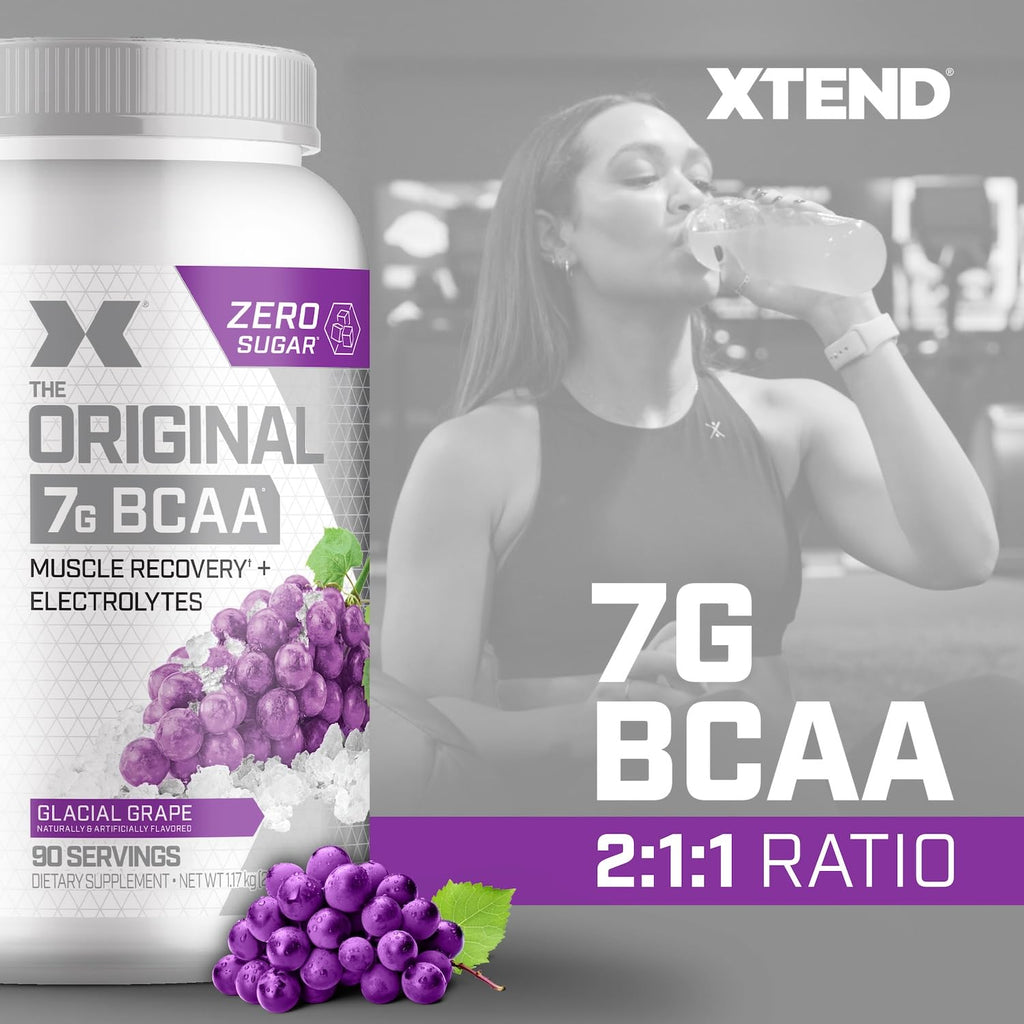 Xtend Original BCAA Powder, 7g BCAAs and 2.5g L-Glutamine for Muscle Recovery Hydration and Lean Muscle, Sugar Free Intra and Post Workout Drink with Electrolytes, Glacial Grape, 90 Servings - Maple Wellness Supplements