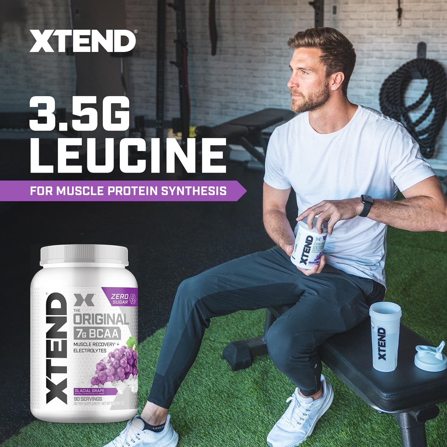 Xtend Original BCAA Powder, 7g BCAAs and 2.5g L-Glutamine for Muscle Recovery Hydration and Lean Muscle, Sugar Free Intra and Post Workout Drink with Electrolytes, Glacial Grape, 90 Servings - Maple Wellness Supplements