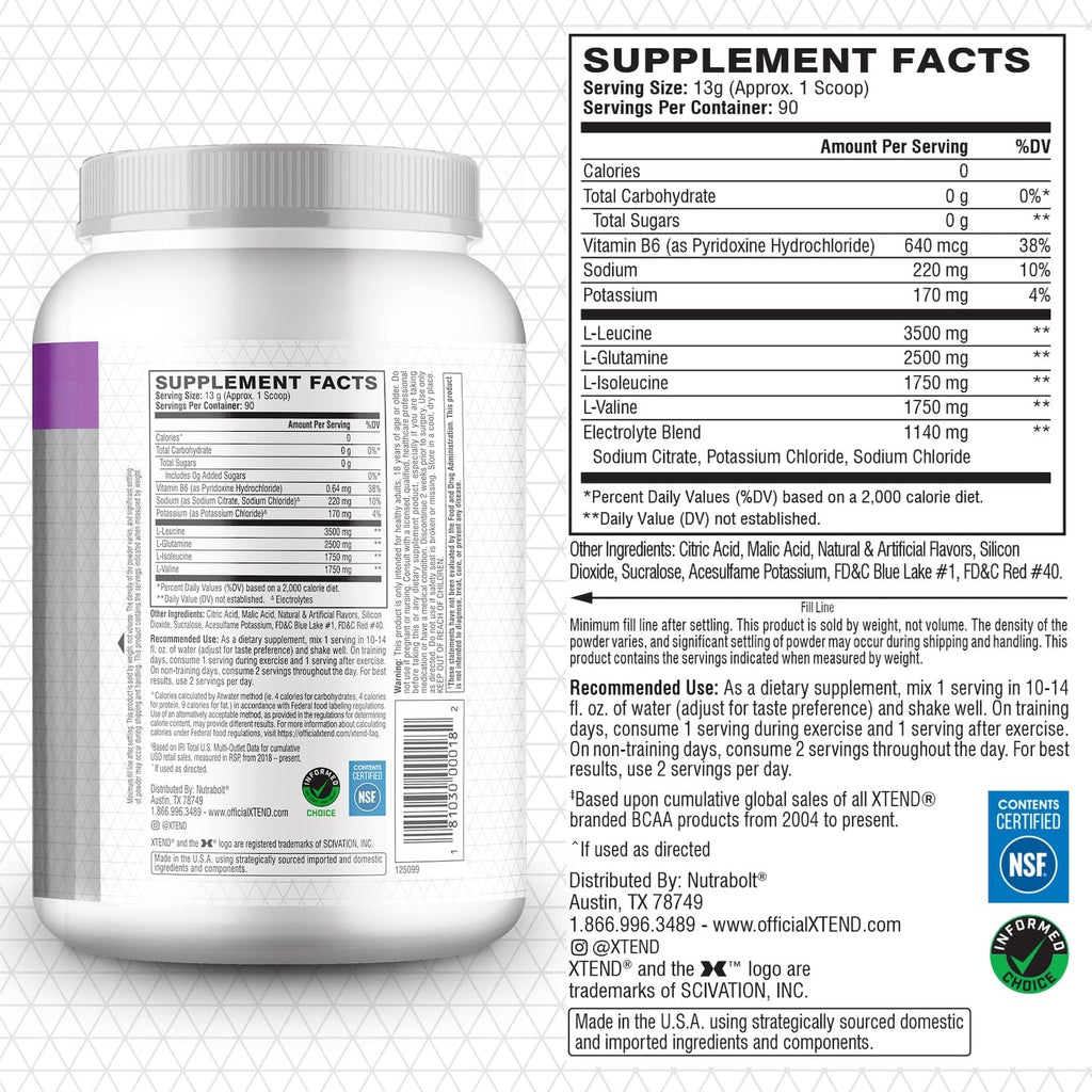 Xtend Original BCAA Powder, 7g BCAAs and 2.5g L-Glutamine for Muscle Recovery Hydration and Lean Muscle, Sugar Free Intra and Post Workout Drink with Electrolytes, Glacial Grape, 90 Servings - Maple Wellness Supplements