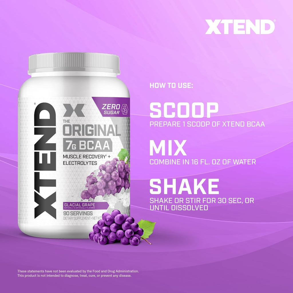 Xtend Original BCAA Powder, 7g BCAAs and 2.5g L-Glutamine for Muscle Recovery Hydration and Lean Muscle, Sugar Free Intra and Post Workout Drink with Electrolytes, Glacial Grape, 90 Servings - Maple Wellness Supplements