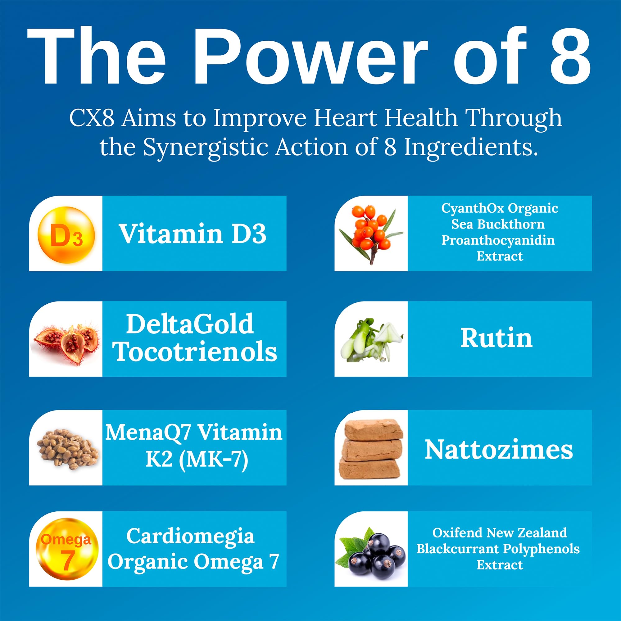 Xtendlife CX8 Heart Health Supplement for Cardiovascular Support, Circulation, and Arterial Health - with Vitamin K2 MK7, D3, Tocotrienols, and Sea Buckthorn-30 Day Supply - TrustMedUSA